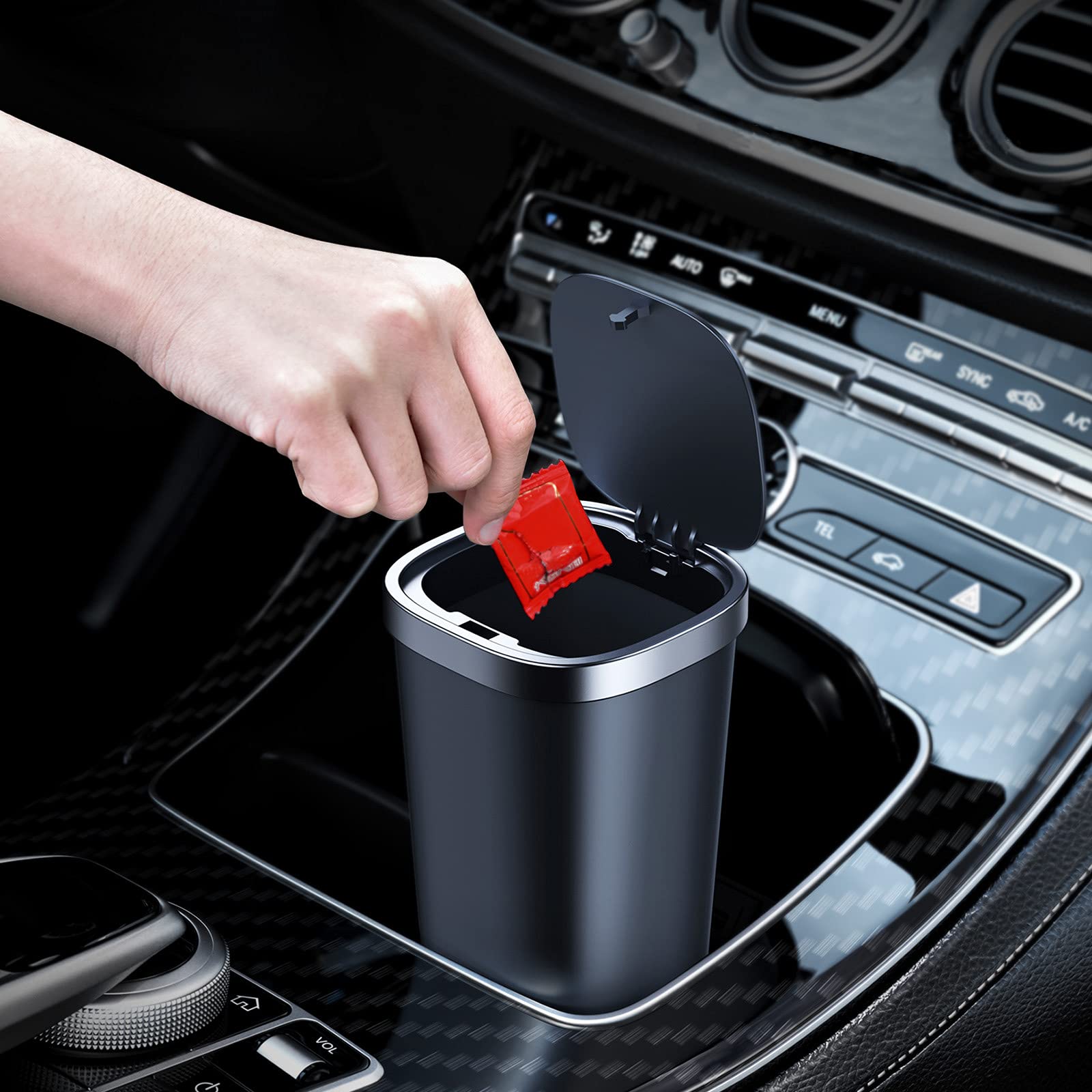 Mini Car Trash Can with Lid - Waterproof Small Garbage Bin for Car, Home, Office & Travel - Includes 3 Rolls Mini Trash Bags - Fits Cup Holders - Perfect for Snacks, Tissues & Small Waste (Square Black)