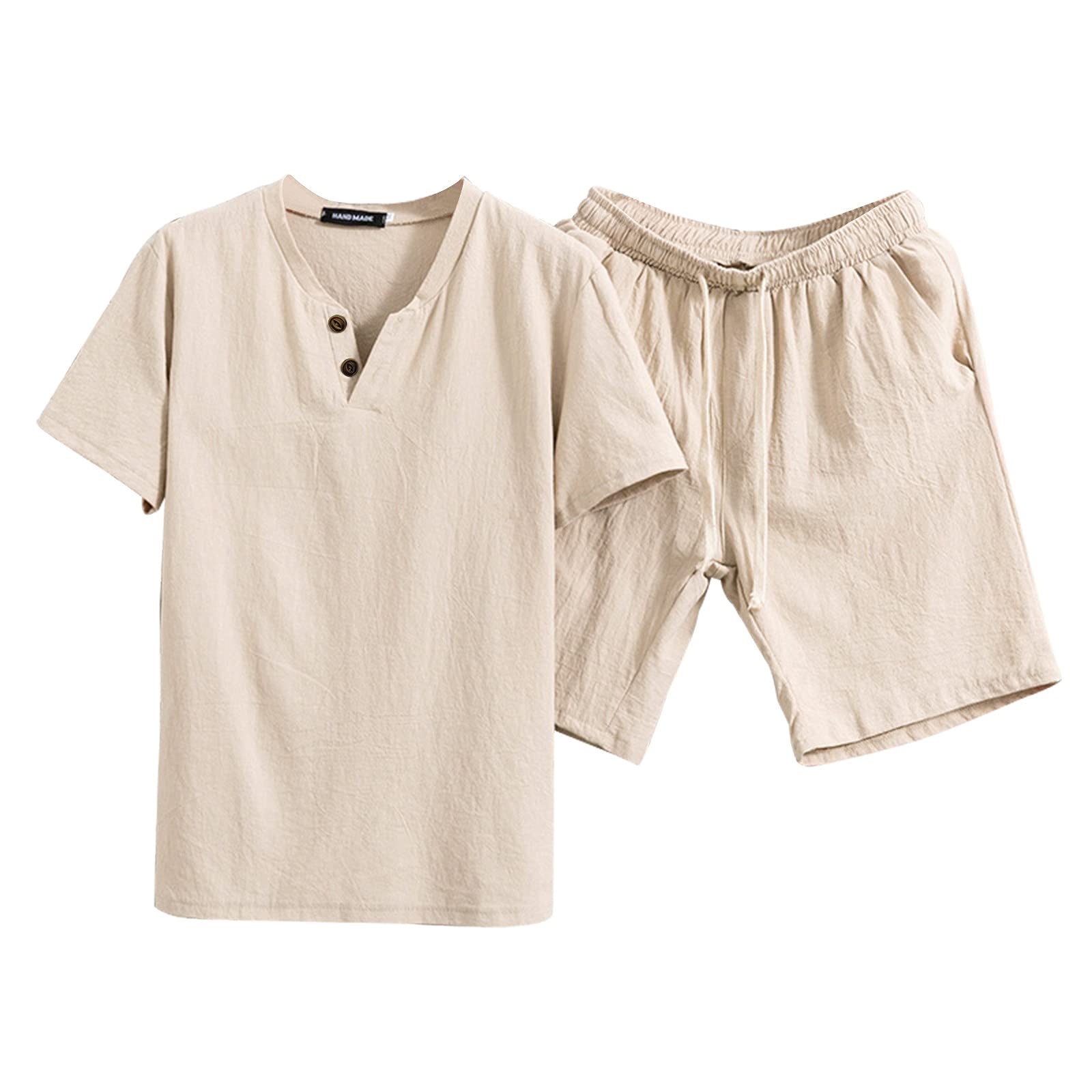 **Men's 2-Piece Summer Outfit - Soft Linen Tracksuit Set with Short Sleeve Henley T-Shirt & Shorts | Casual Lounge Wear, Pajamas, Home & Travel Comfort**