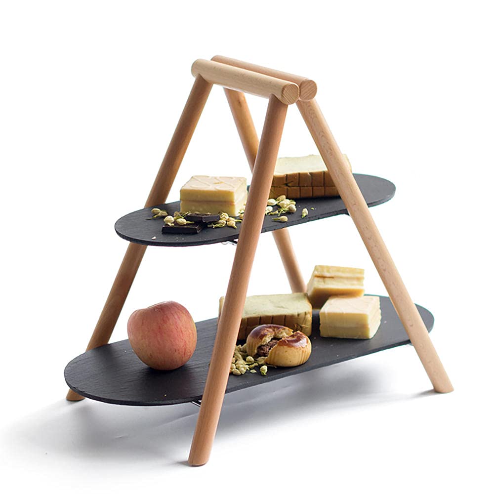 2 Tier Slate Serving Tray - Elegant Appetizer & Dessert Platter with Wood Stand for Party, Wedding, or Home Display - Perfect for Cheese, Fruit, Charcuterie & Entertaining