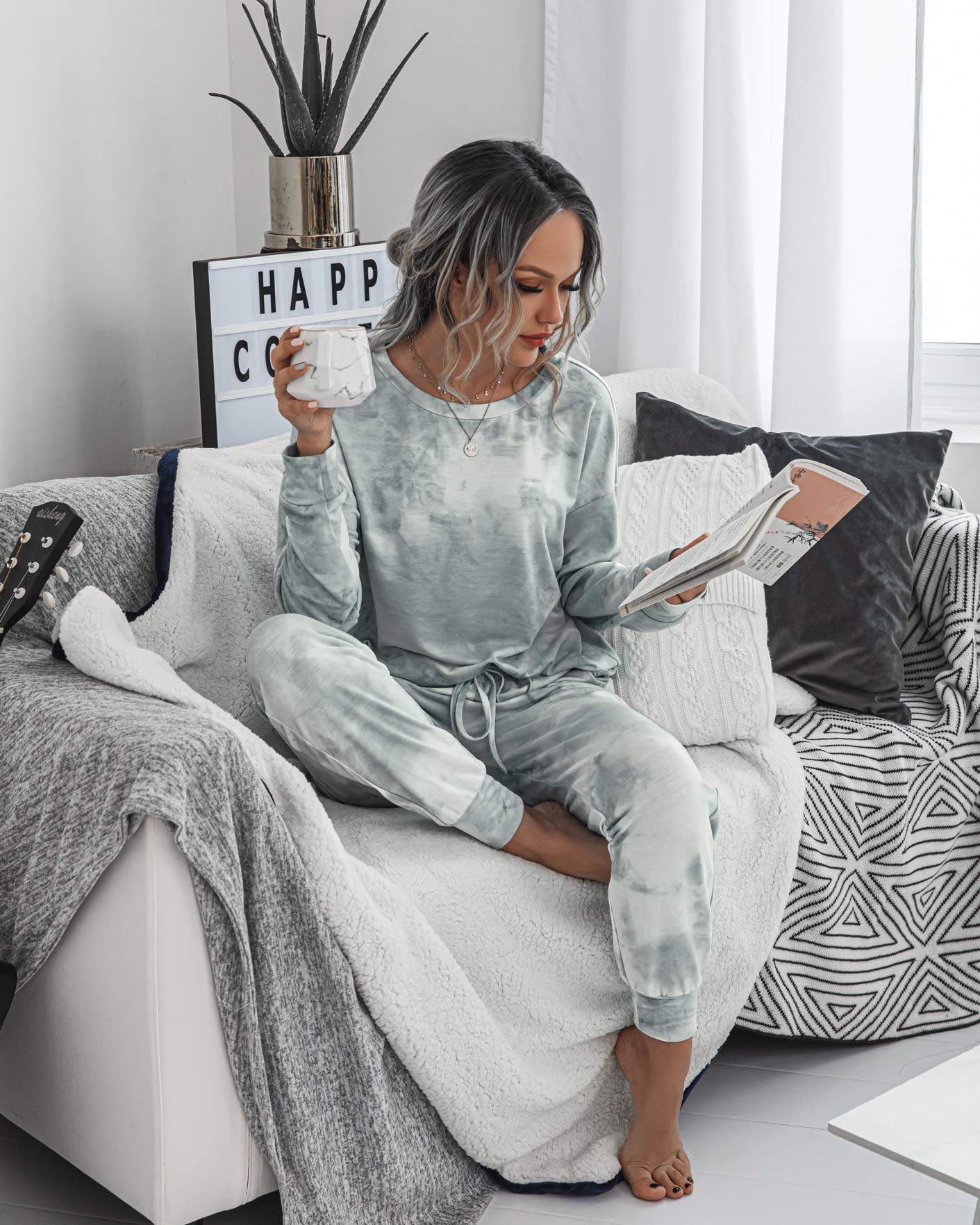TSMNZMU Women's Tie-Dye Pajama Set - 2-Piece Long Sleeve Sleepwear with Pockets | Soft Pullover Top & Jogger Pants for Lounge, Sleep & Relaxation at Home