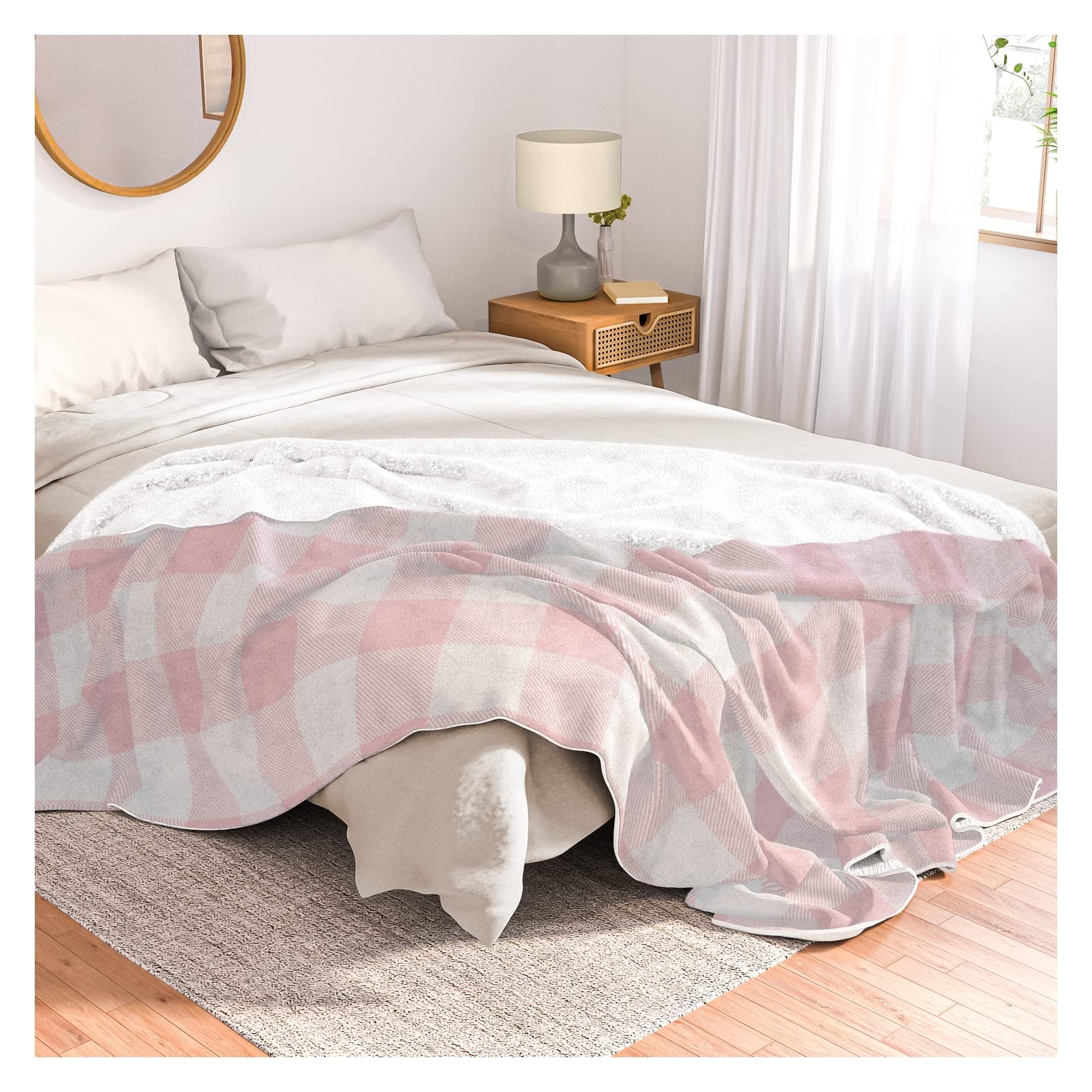 Honor and Obey Large Valentine Throw Blanket - Soft Blush Pink & White Buffalo Check Plaid for Cozy Couches, Romantic Gifts & Winter Home Decor