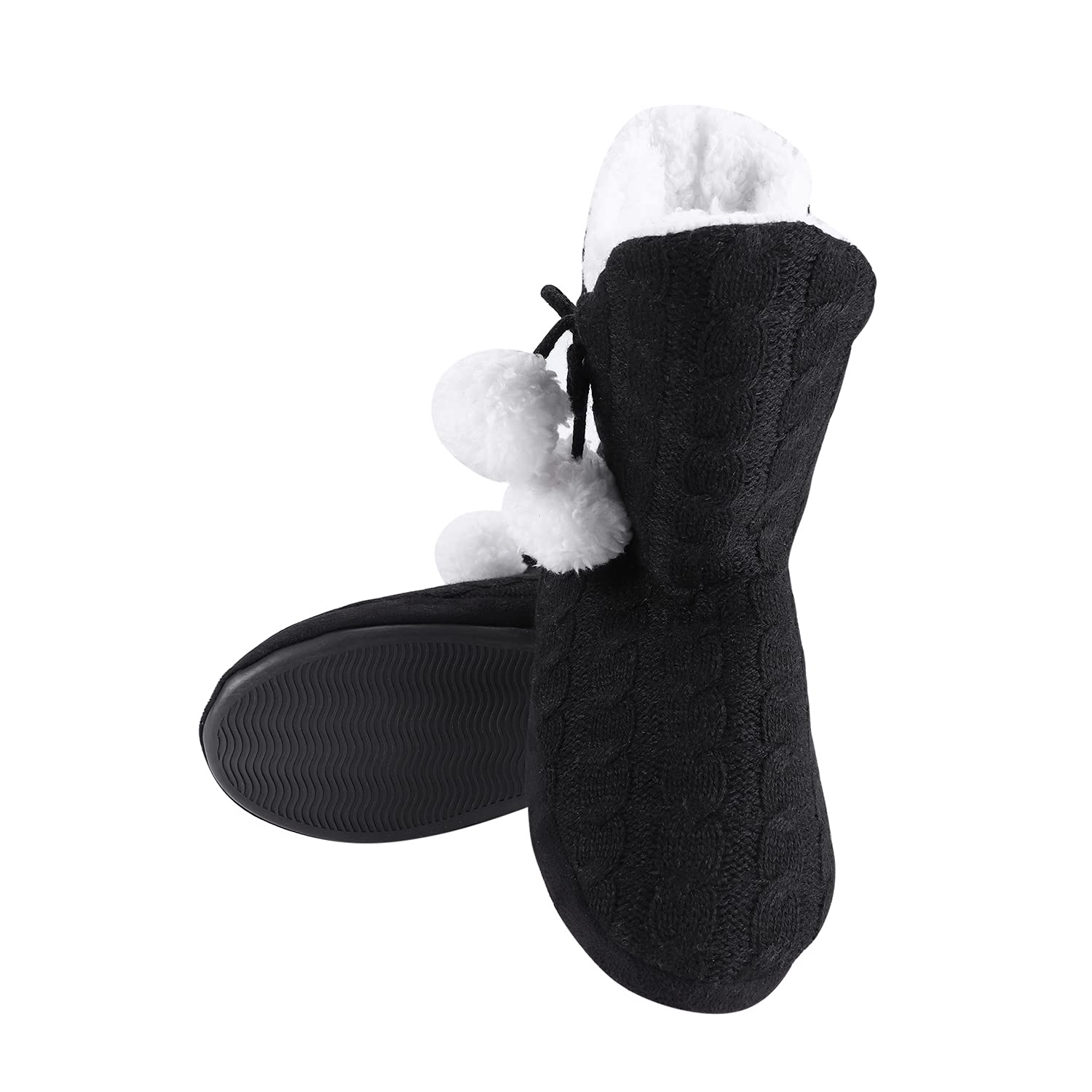 Women's Knitted Plush Bootie Slippers - Warm Winter Ankle Boot Slippers with Pom-Pom for Indoor Home Use | Cozy Gift for Ladies & Girls | Perfect for Lounging, Relaxing & Cold Weather Comfort
