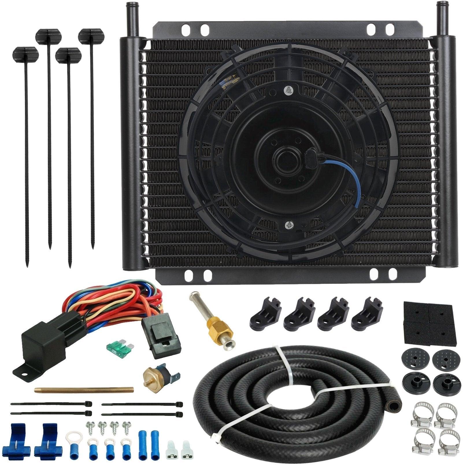 23 Row 6AN Transmission Oil Cooler with Electric Fan & Push-in Probe Temperature Switch Kit - Perfect for High-Performance Vehicles & Racing Applications