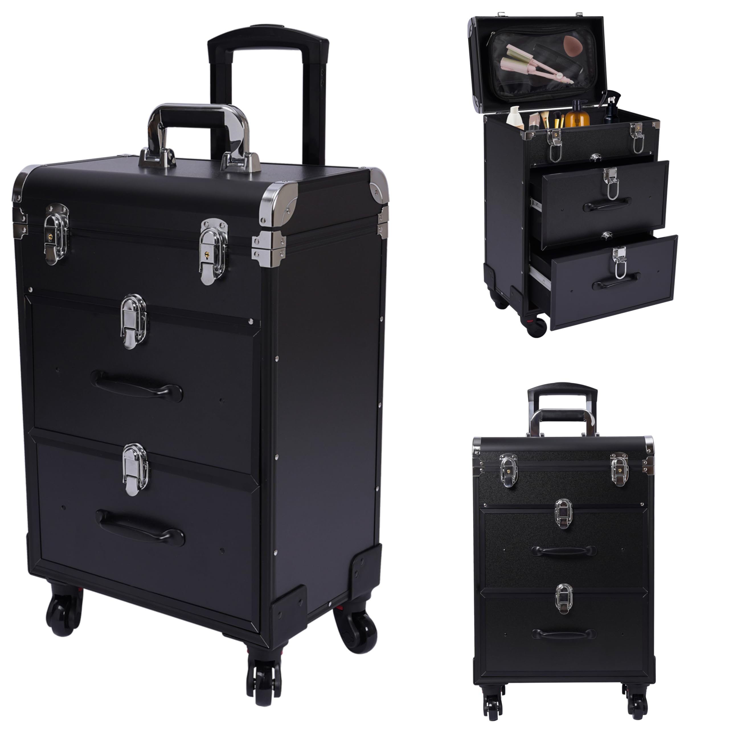 Black 22.8 Inch Spinner Wheel Makeup Suitcase - Travel Cosmetic Organizer with Drawer Storage for Lipstick & Nail Polish | Perfect for Professional Makeup Artists, Salon Stylists & Beauty Travel Accessories | Great for Air Travel, Bridal Makeup Kits & Mobile Beauty Services