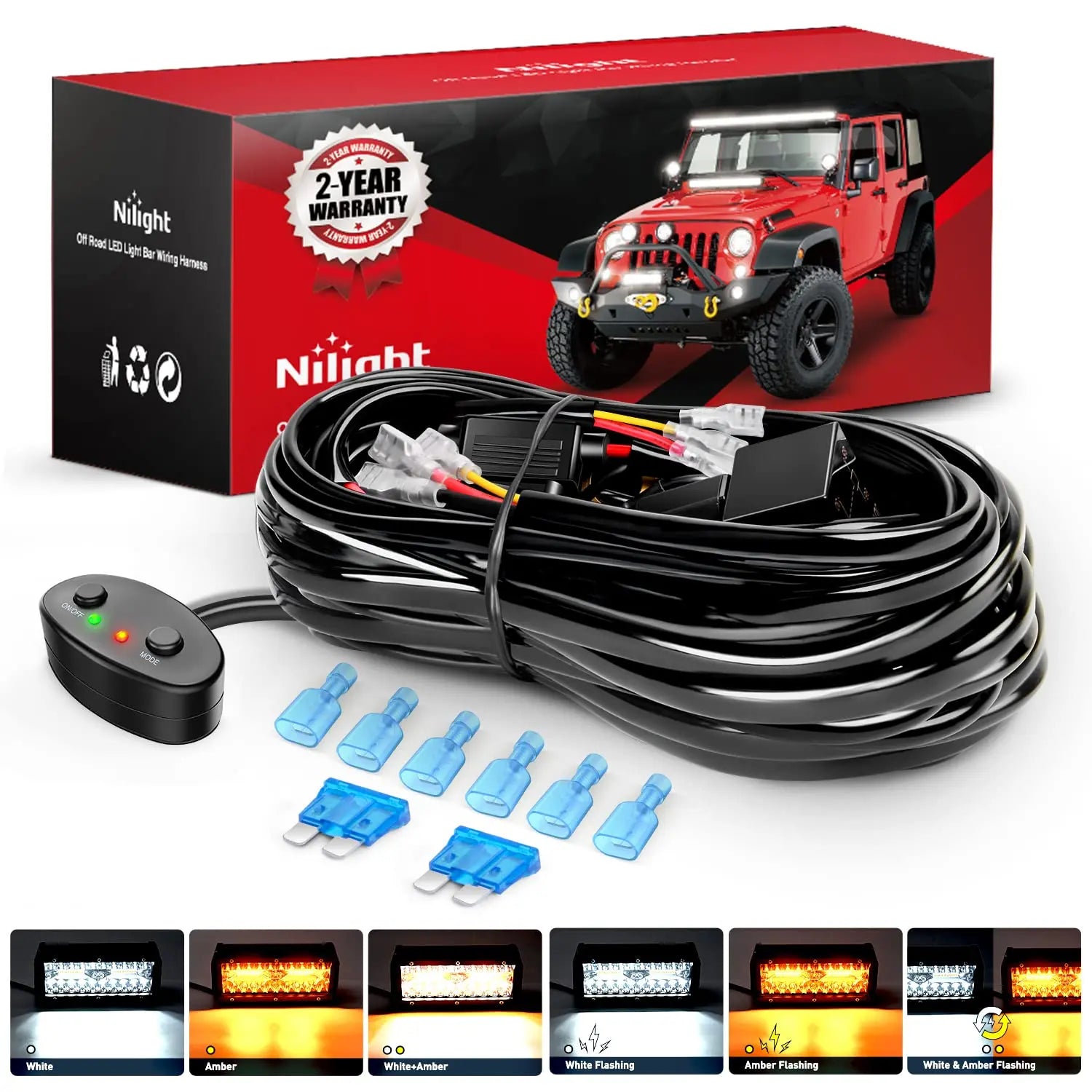 16AWG Amber White Light Bar Wire Harness Kit with 12V On/Off Switch, 2 Fuses & 6 Spade Connectors - Perfect for Off-Road Trucks, ATVs, and Marine Lighting Installations