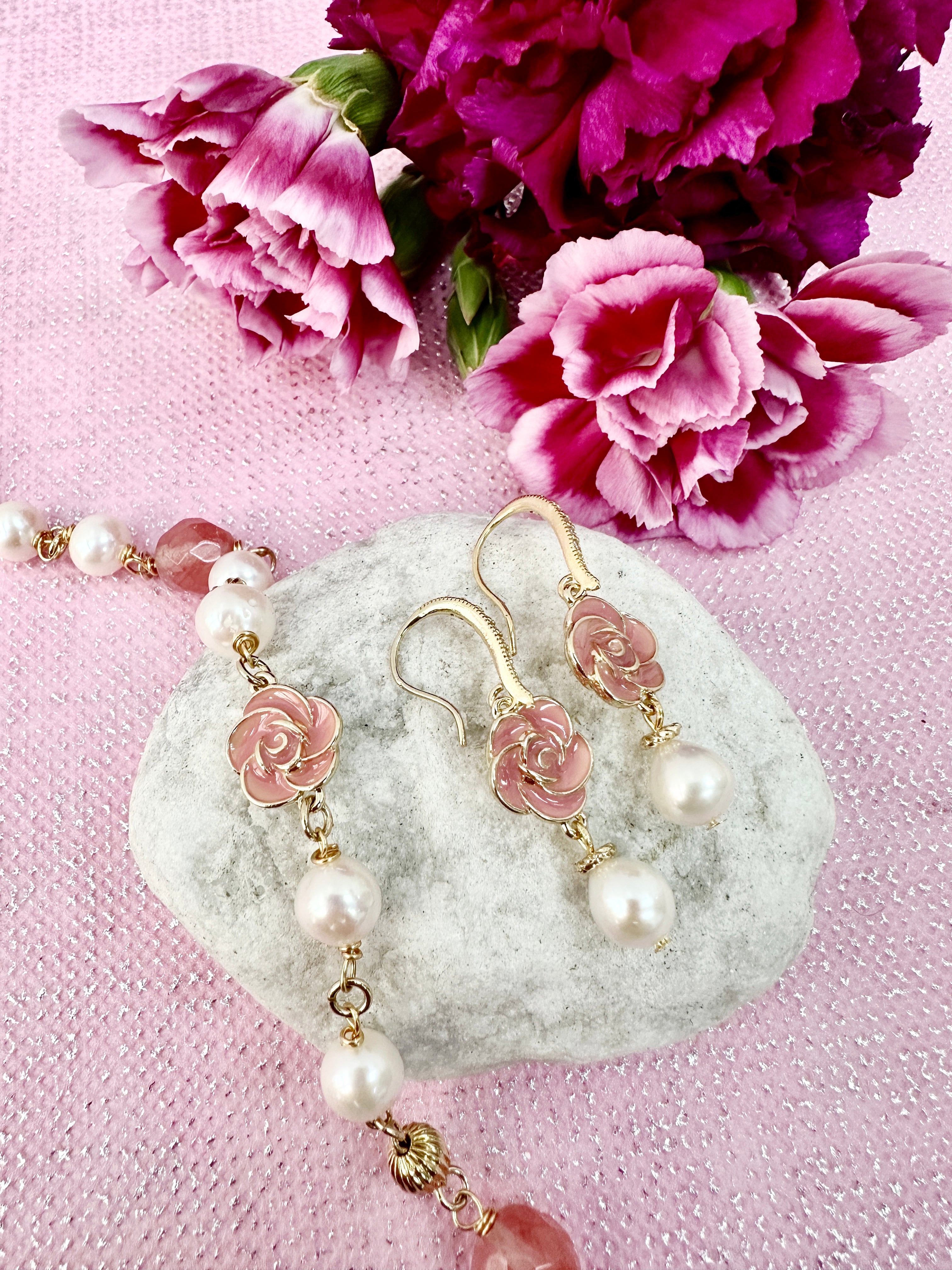 Timeless Pink Rose Freshwater Pearl Dangle Earrings LE003 - Elegant Jewelry for Weddings, Parties & Special Occasions