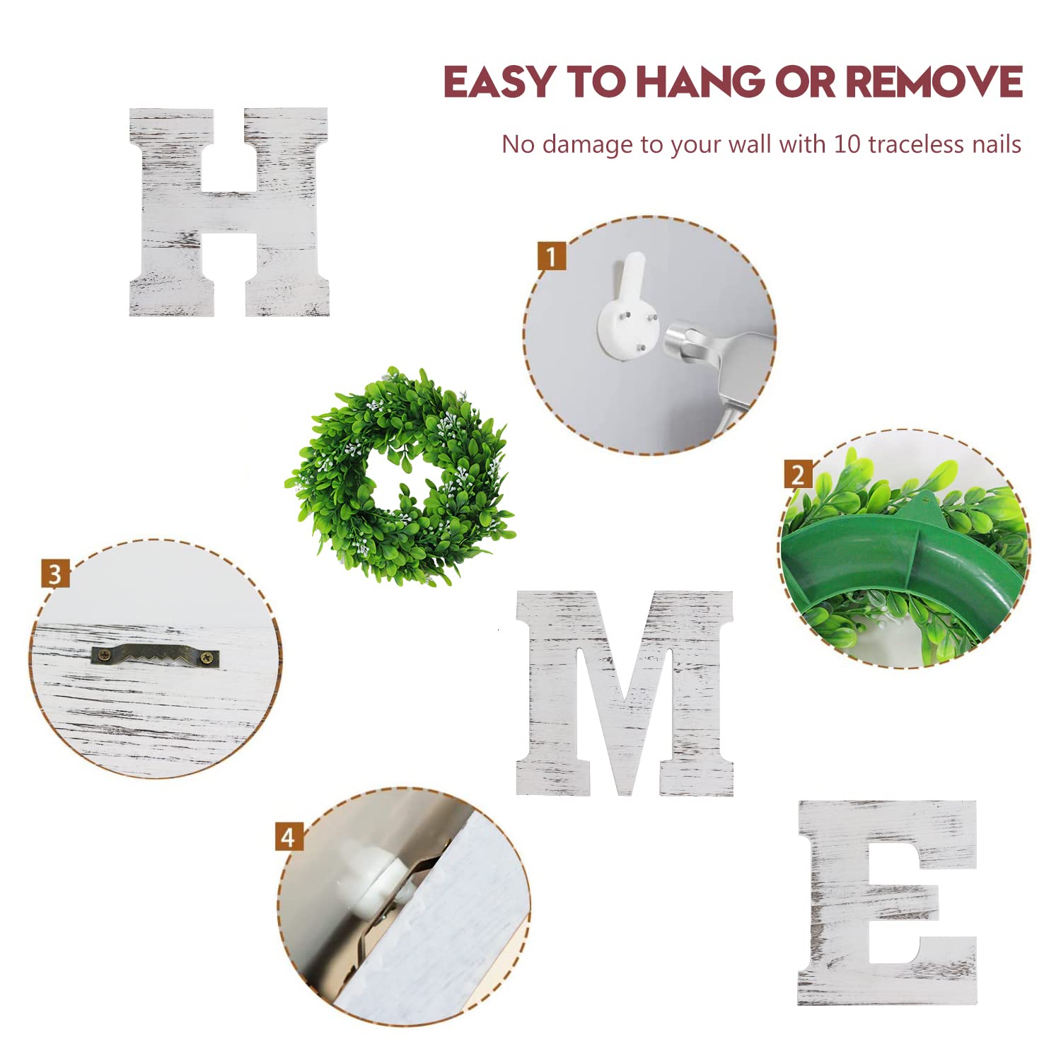 9.8 Inch Rustic Wooden Home Sign with Artificial Wreath - Wall Decor Letters H, M, E, O for Living Room, Front Door & Dining Room - White Farmhouse Style Home Decor Perfect for Housewarming Gifts & Cozy Interior Design