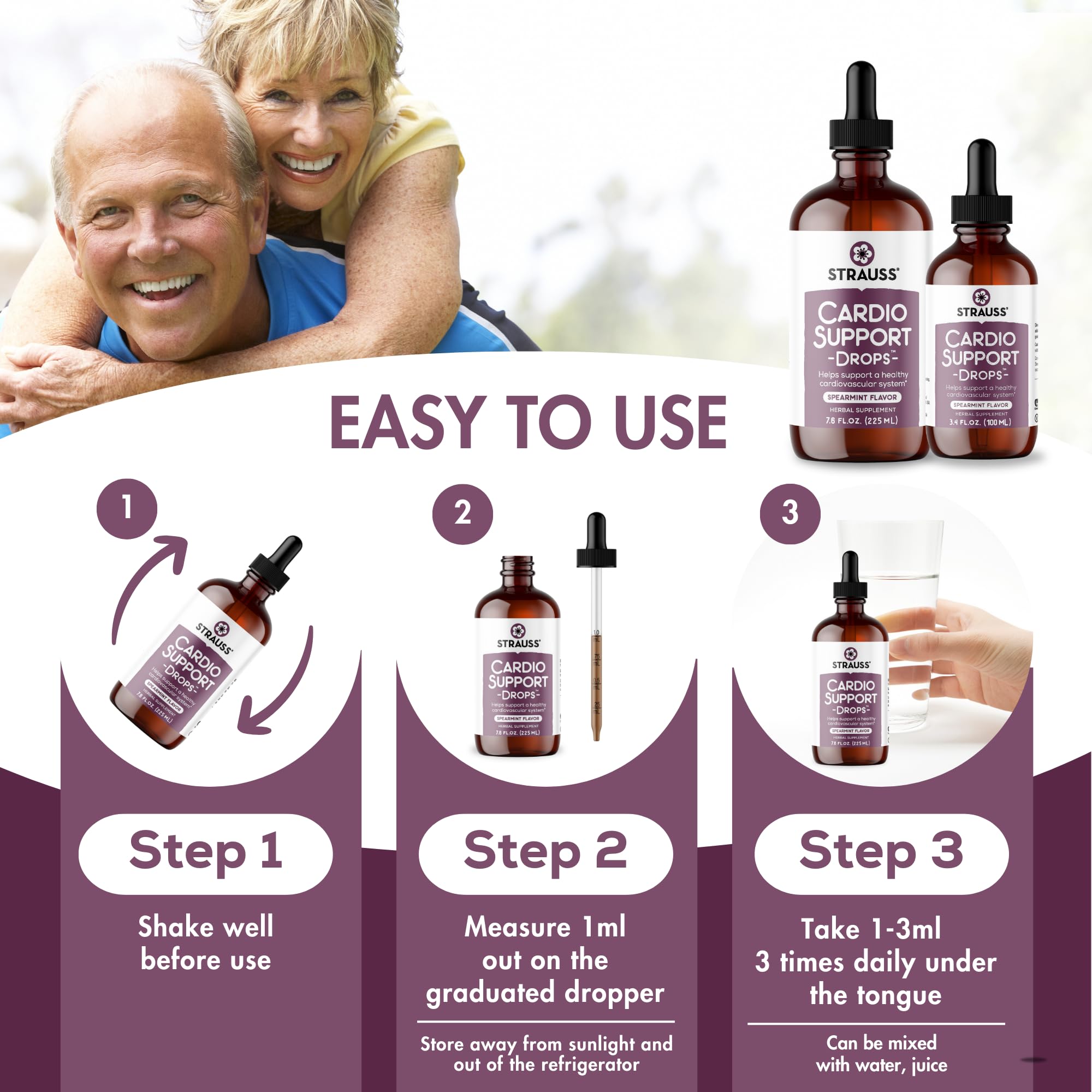 Strauss Naturals Cardio Support Drops - Vegan Heart Health Supplement with Hawthorn Berry for Blood Pressure & Cardiovascular Support - Non-GMO, Spearmint Flavor (225ml) - Perfect for Daily Heart Wellness Routine