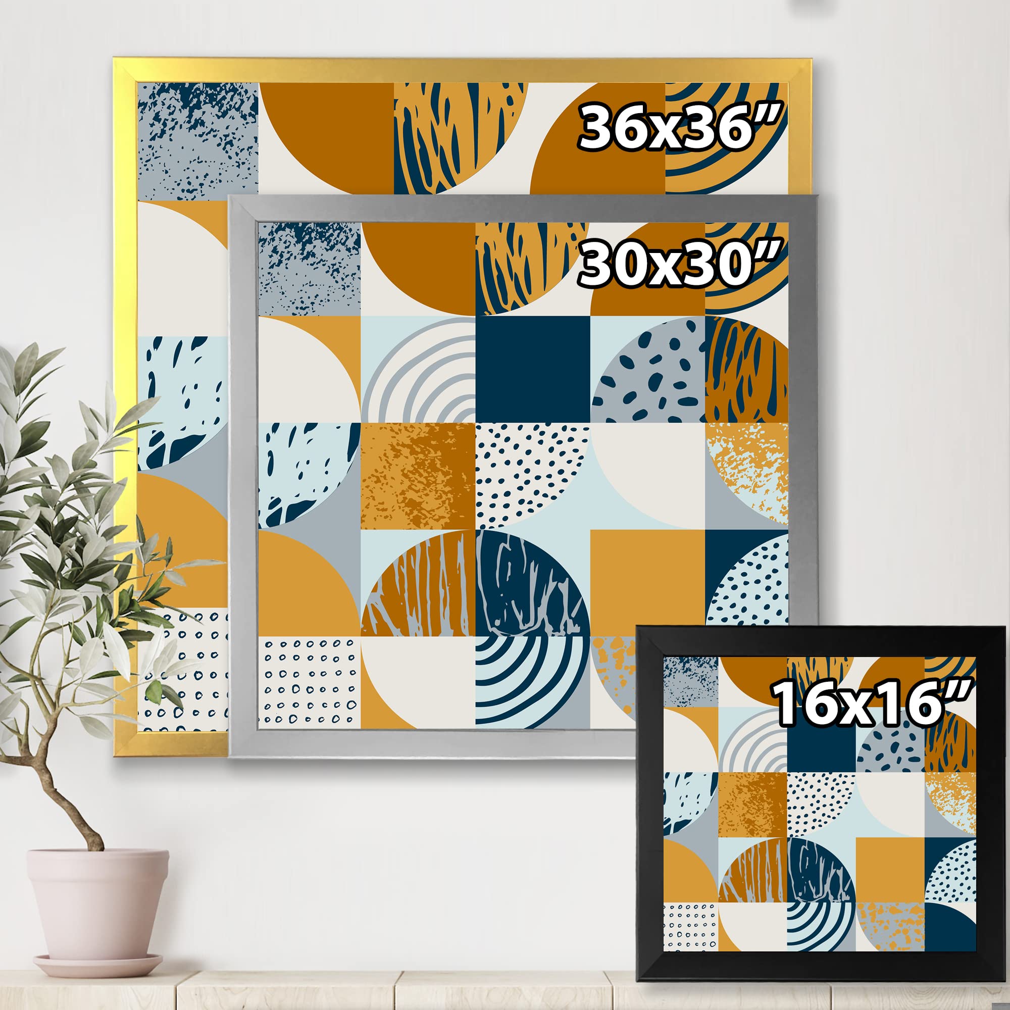 DesignQ Retro Semicircles Circles and Squares Modern Framed Wall Art - Mid Century Abstract Canvas Painting for Living Room, Bedroom & Office Decor