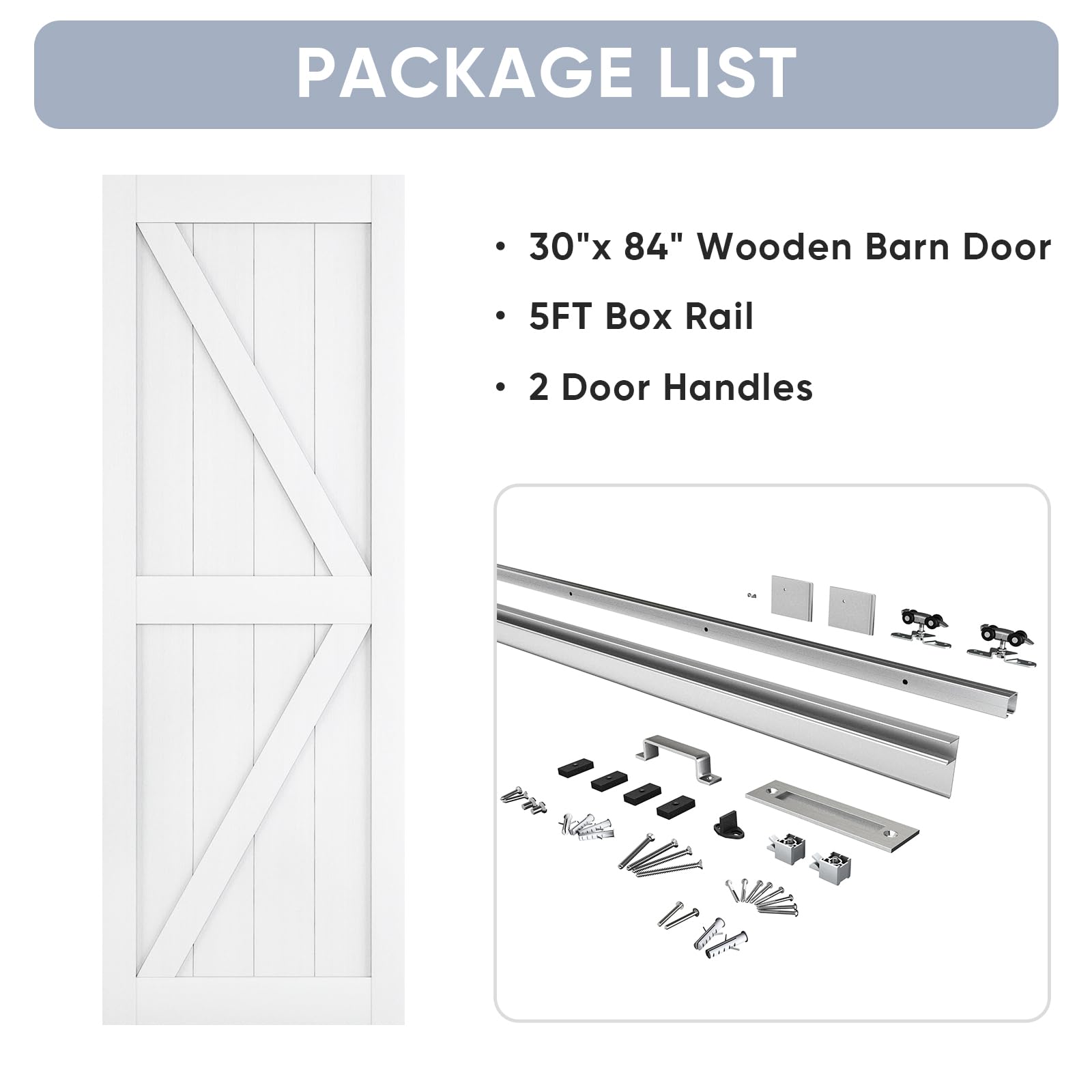 BARNSMITH 30x84 Inch White Sliding Barn Door with 5FT Hardware Kit - Solid Wood Waterproof PVC Surface, Silver Box Rail - Easy Assembly for Bedroom, Closet, or Farmhouse Style Home