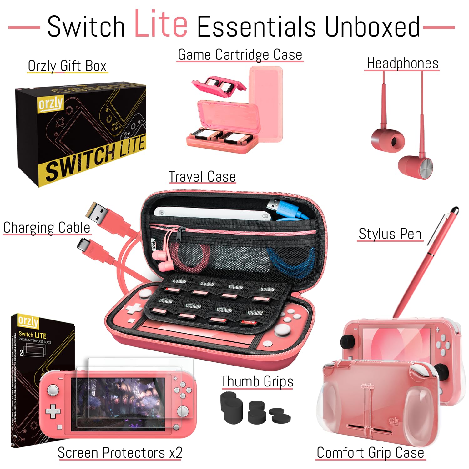 Orzly Nintendo Switch Lite Accessories Kit - Includes: Protective Case, Screen Protector, Grip Cover, USB Cable, Headphones & More [Coral] - Perfect for Gaming On-The-Go & Travel Protection