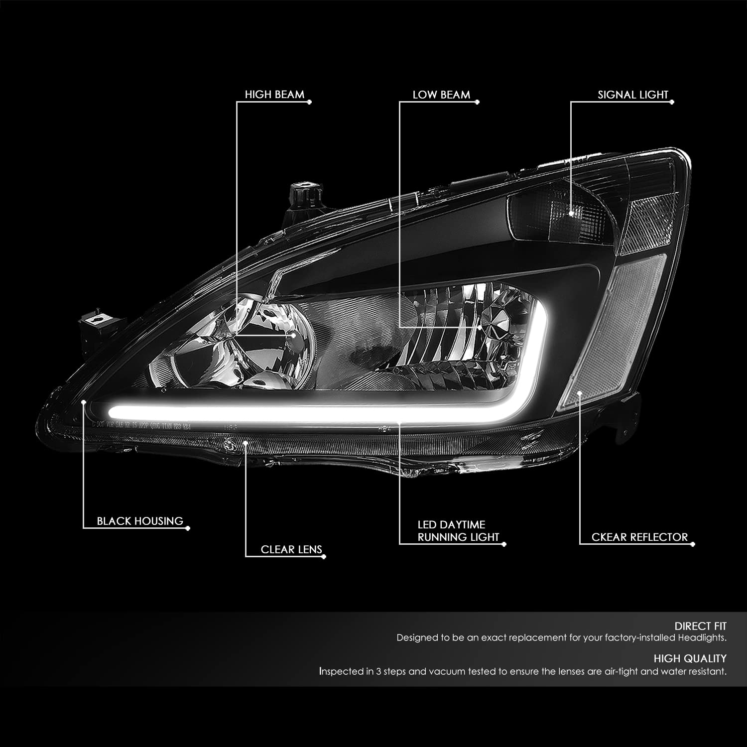 Auto Dynasty LED DRL Headlights for 03-07 Honda Accord 7th Gen - Black Housing Clear Corner for Day & Night Driving