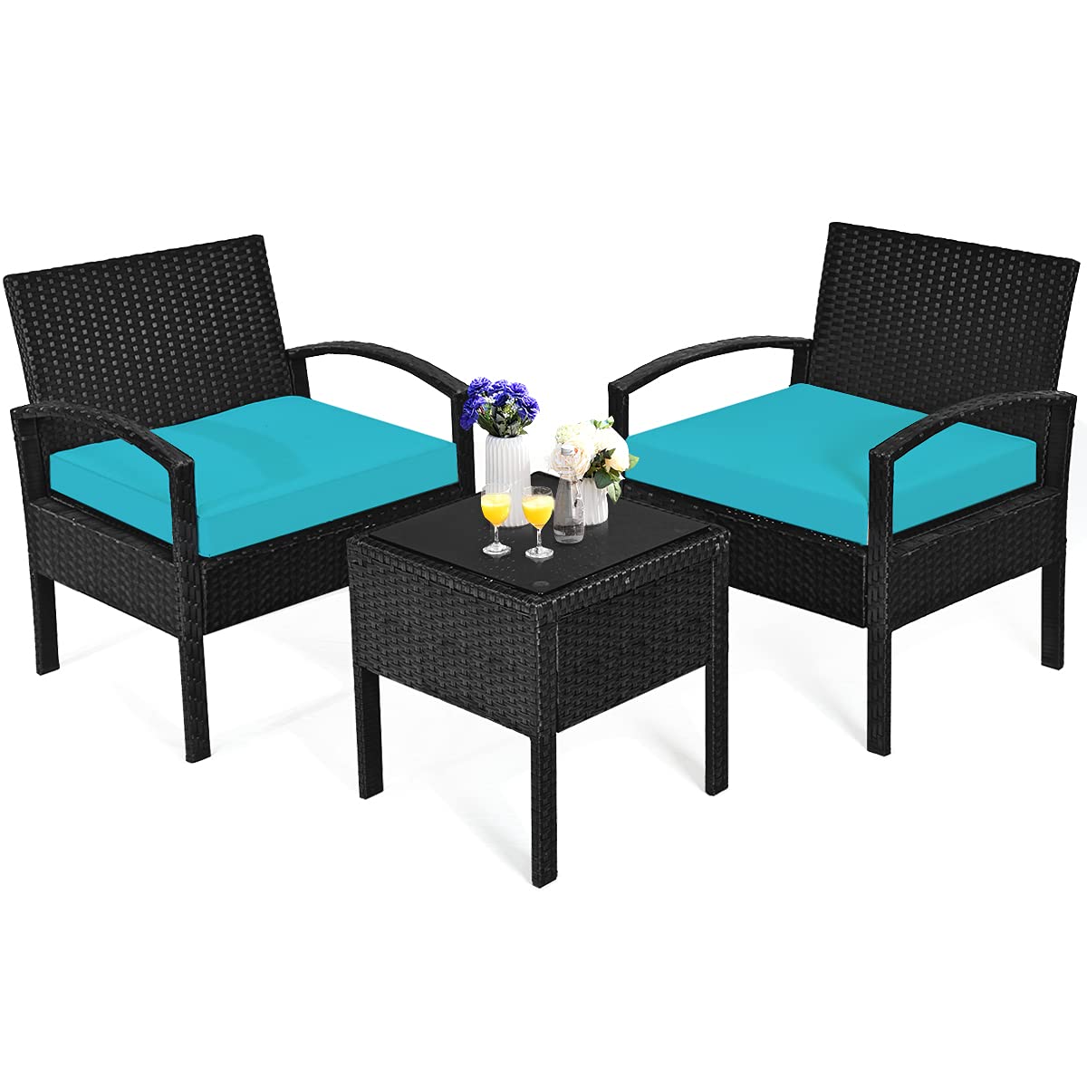 HappyGrill 3-Piece Patio Conversation Set - Outdoor Wicker Rattan Furniture with Cushions, Coffee Table & Chairs - Modern Bistro Set for Garden, Balcony, Backyard, Porch & Poolside Relaxation