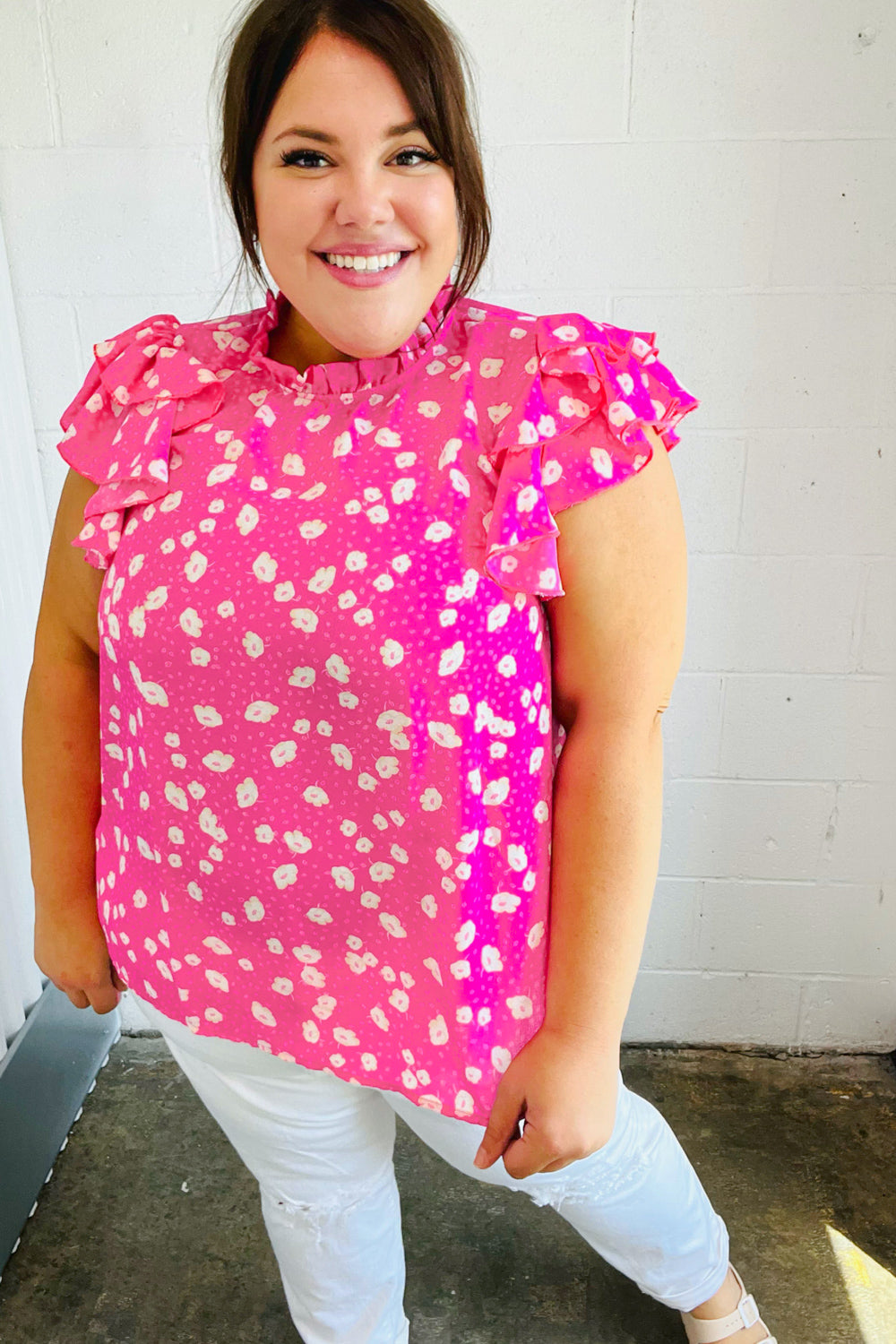 Stylish Hot Pink Floral Print Mock Neck Blouse with Double Flutter Sleeves - Perfect for Spring Outfits, Date Nights & Office Wear