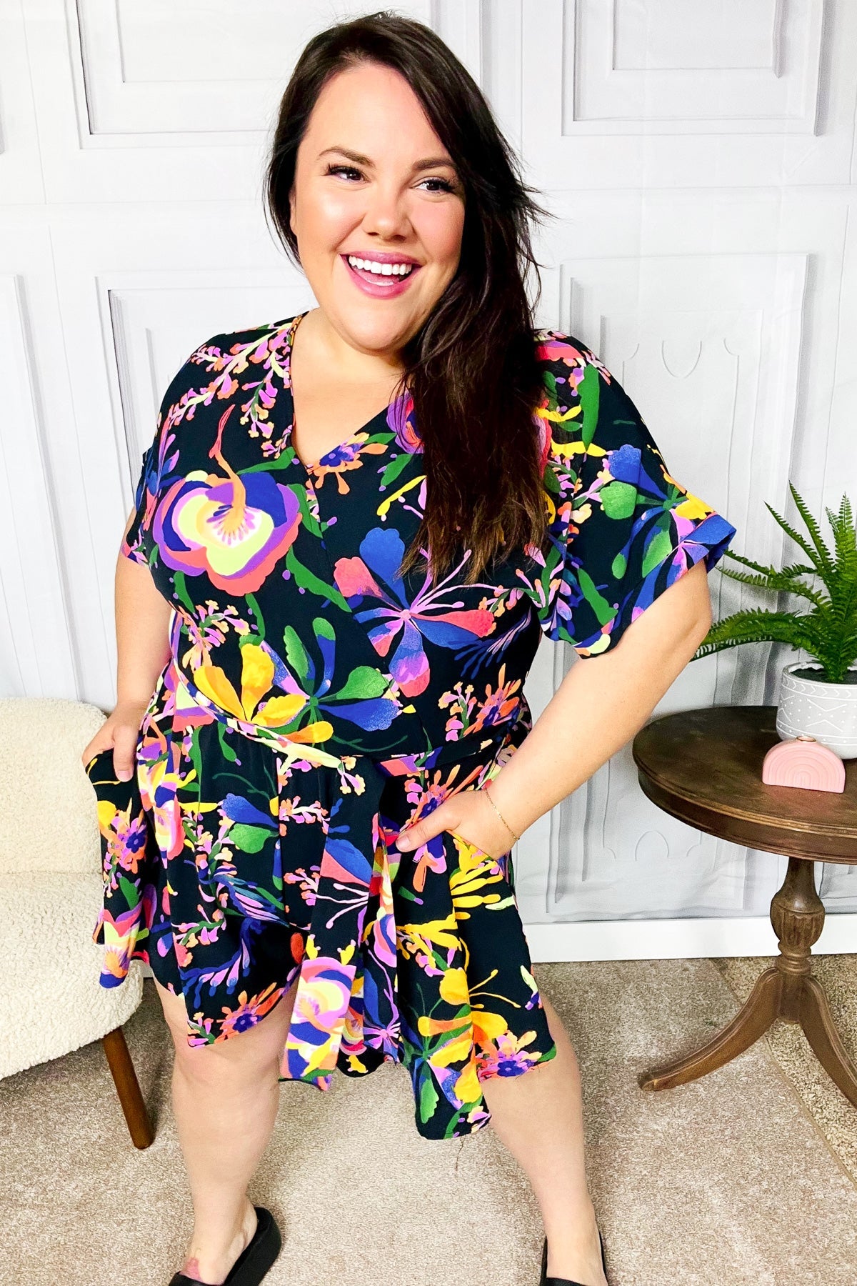Stylish Black Floral Surplice Woven Romper for Women - Summer Casual Jumpsuit with Comfortable Fit - Perfect for Beach Vacations, Brunch Dates & Outdoor Events