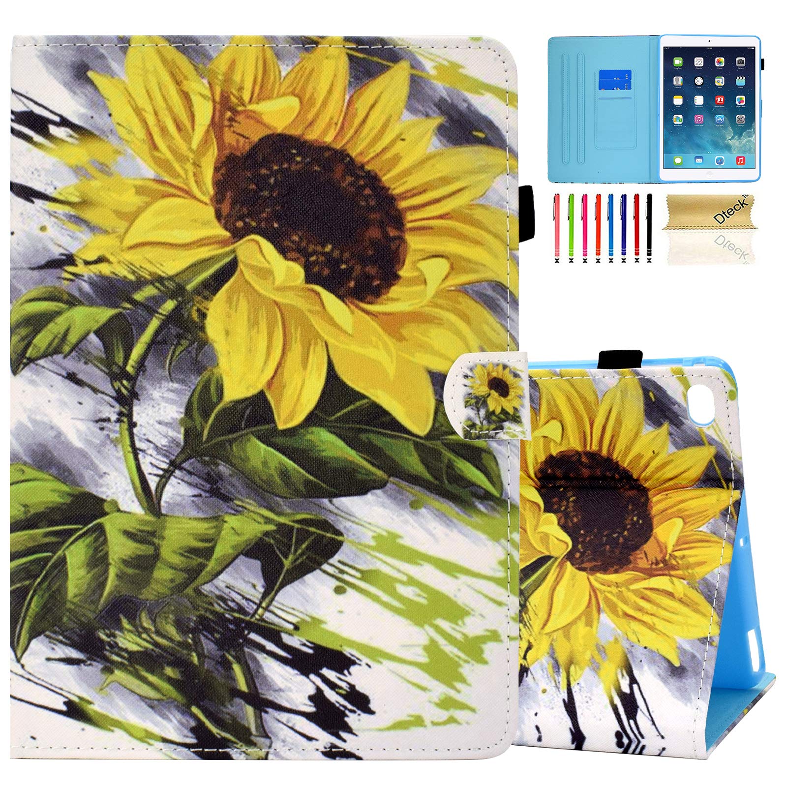 Dteck Leather Smart Stand Wallet Case for Apple iPad 6th Gen 2018 / iPad 5th Gen 2017 / iPad Air 2 2014 / iPad Air 2013 (9.7 Inch) - Slim Protective Cover with Auto Sleep/Wake Function (Sunflower Design) | Perfect for Work, School & Travel