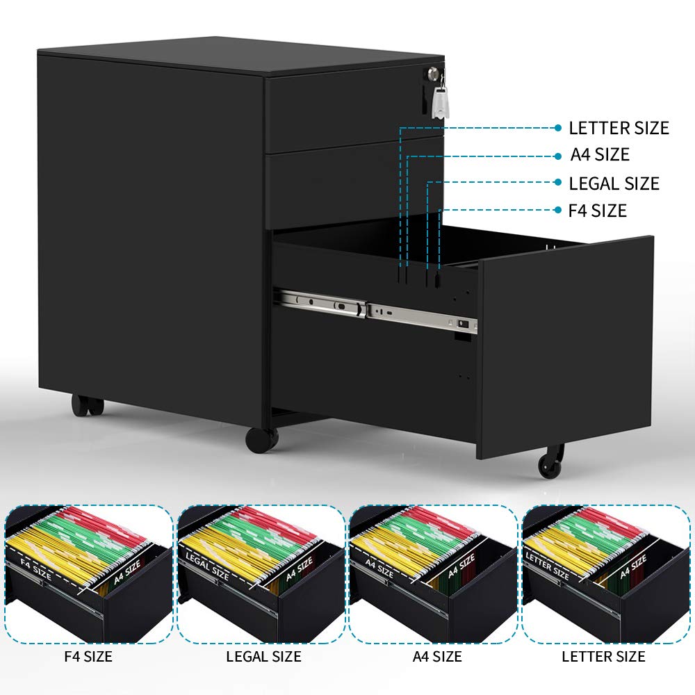 3-Drawer Mobile File Cabinet with Lock - Rolling Under Desk Storage Organizer, Fully Assembled Black File Cabinet for Office, Home & School Use