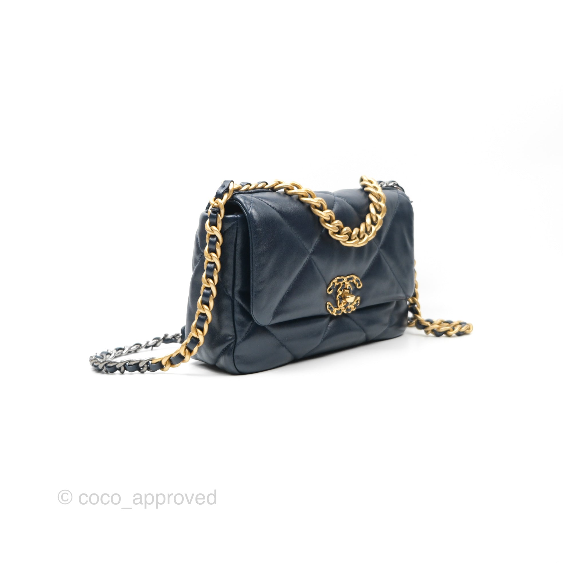 Chanel 19 Small Navy Blue Leather Flap Bag with Mixed Gold & Silver Hardware - Luxury Shoulder Bag for Women, Perfect for Date Night & Special Occasions
