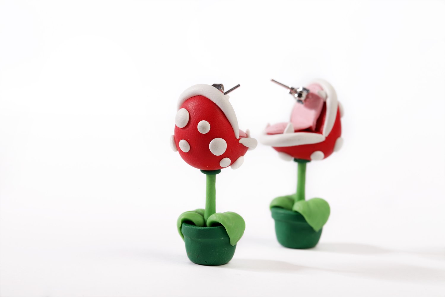 Handmade Polymer Clay Super Mario Piranha Plant Earrings - Unique Video Game Inspired Studs for Cosplay, Gift Giving & Nintendo Fans