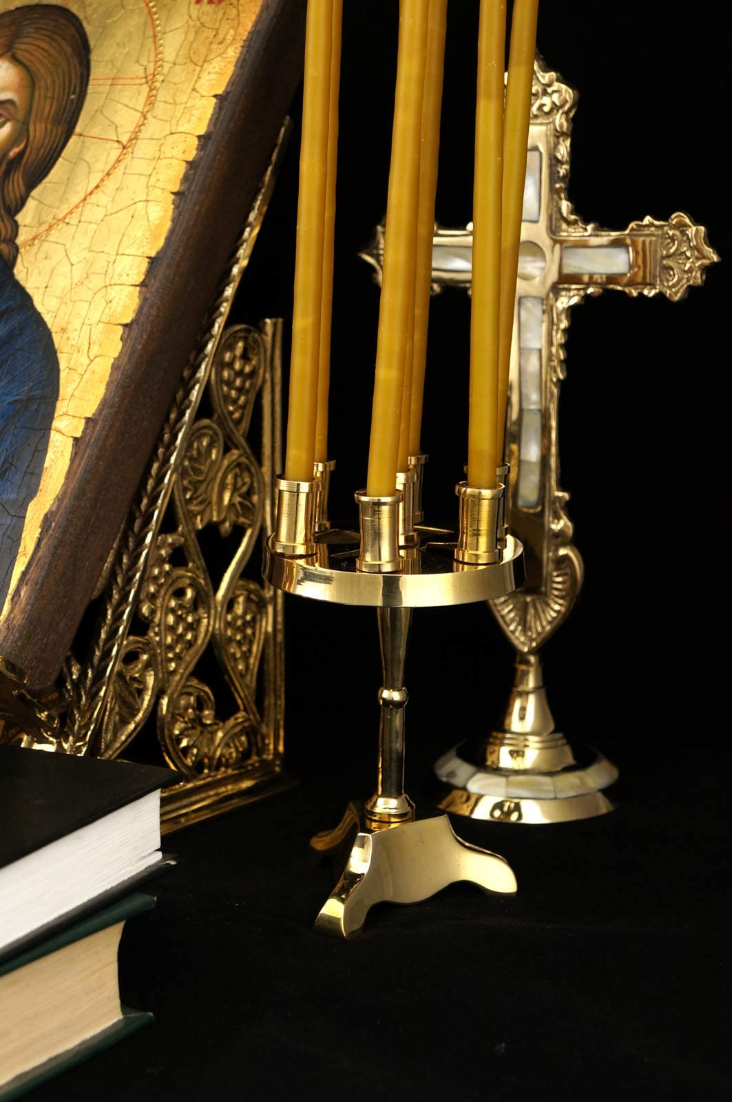 7 Candle Brass Candelabra Set - Orthodox Candle Holder with 100 Pure Beeswax Candles for Prayer Corner, Home Altar & Religious Decor | Perfect for Church, Meditation & Spiritual Spaces