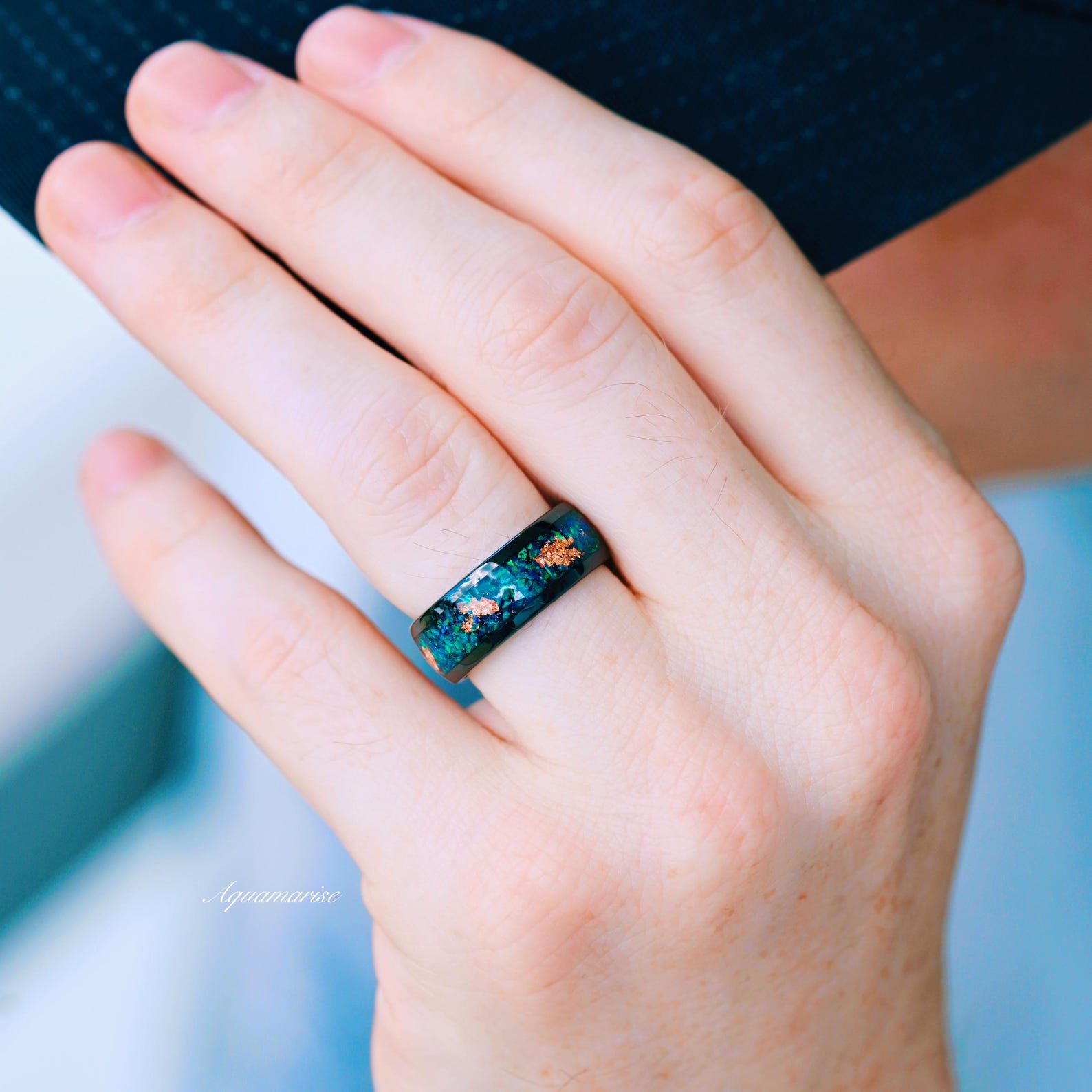 Peacock Green Fire Opal Wedding Band - 8MM Black Tungsten Ring for Men & Women - Durable & Hypoallergenic - Perfect for Engagement, Anniversary & Special Occasions
