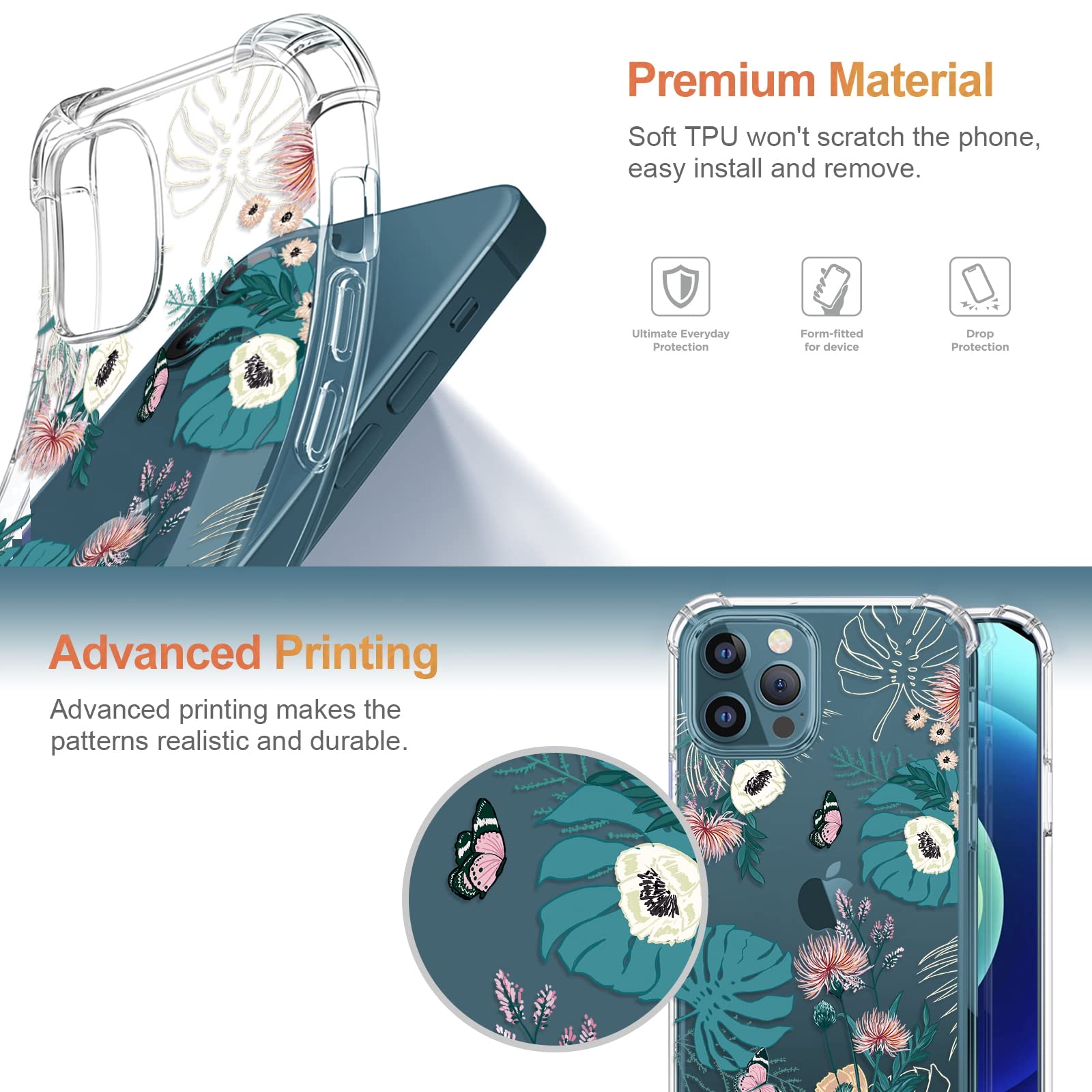 RoseParrot [5-in-1] iPhone 12 Pro Max Case with Screen Protector, Ring Holder & Waterproof Pouch - Floral Pattern Clear Soft Flexible Protective Cover (P-Butterfly) - Perfect for Daily Use, Travel & Outdoor Activities