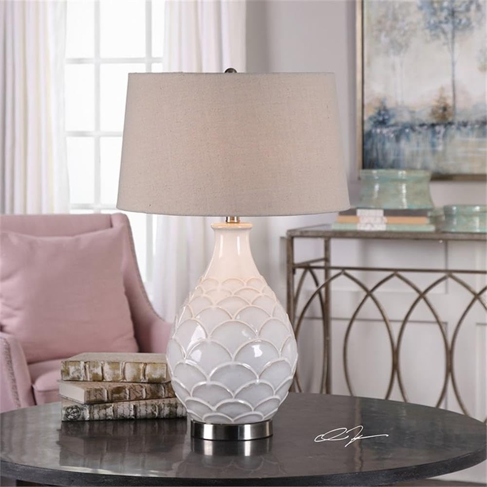 BOWERY HILL Modern Table Lamp - White Gloss & Light Oatmeal Finish - Perfect for Bedroom Nightstand, Living Room End Table, or Office Desk Lighting