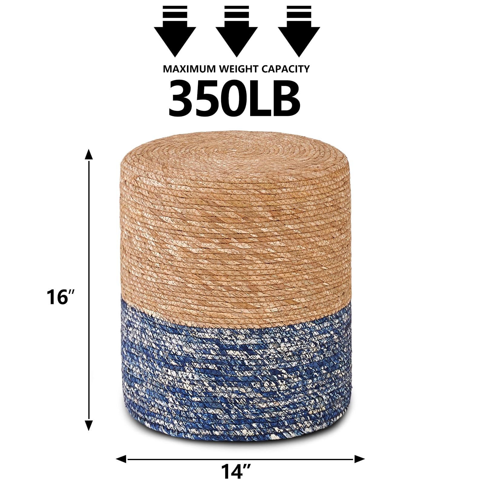 Wimarsbon Natural Seagrass Handwoven Round Ottoman Footstool - Eco-Friendly Living Room & Outdoor Seating (Natural & Blue) - Perfect for Home Decor, Patio Furniture, and Cozy Reading Nooks