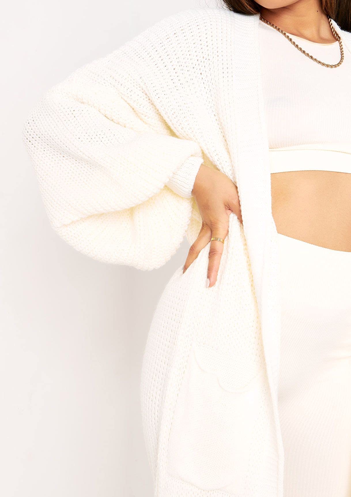 Women's Knitted Open Front Slouchy Balloon Sleeve Long Cardigan | Basic Puff Sleeve Boyfriend Sweater Coatigan | UK Size 8-14 | Perfect for Casual Outings & Cozy Evenings