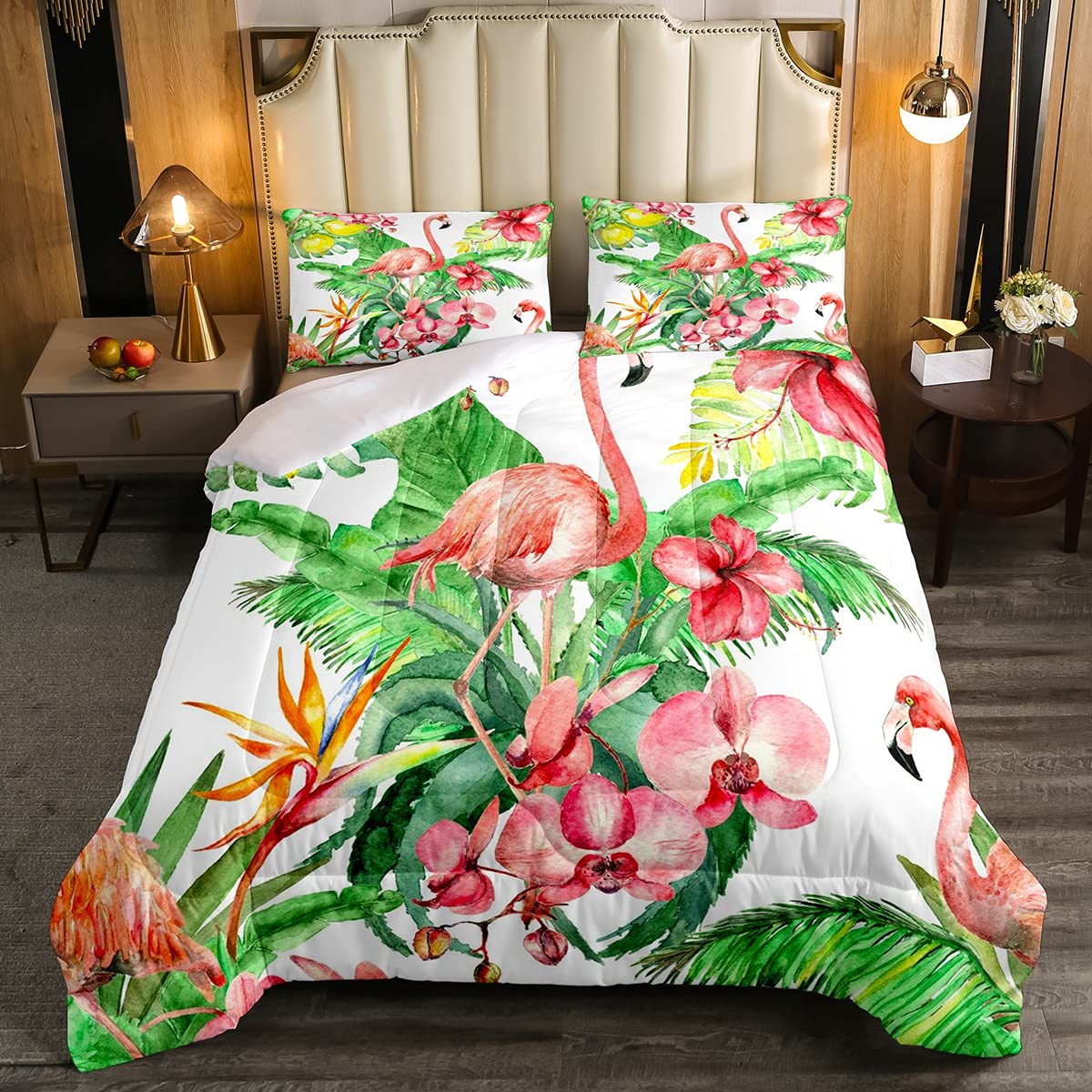 Erosebridal Flamingo Bedding Set - 3 Piece Queen Size Pink Floral Duvet Cover with Tropical Green Palm Leaves & Lemon Fruit Design for Kids, Girls, Teens & Women | Perfect for Bedroom Decor, Guest Room & Tropical Themed Nursery