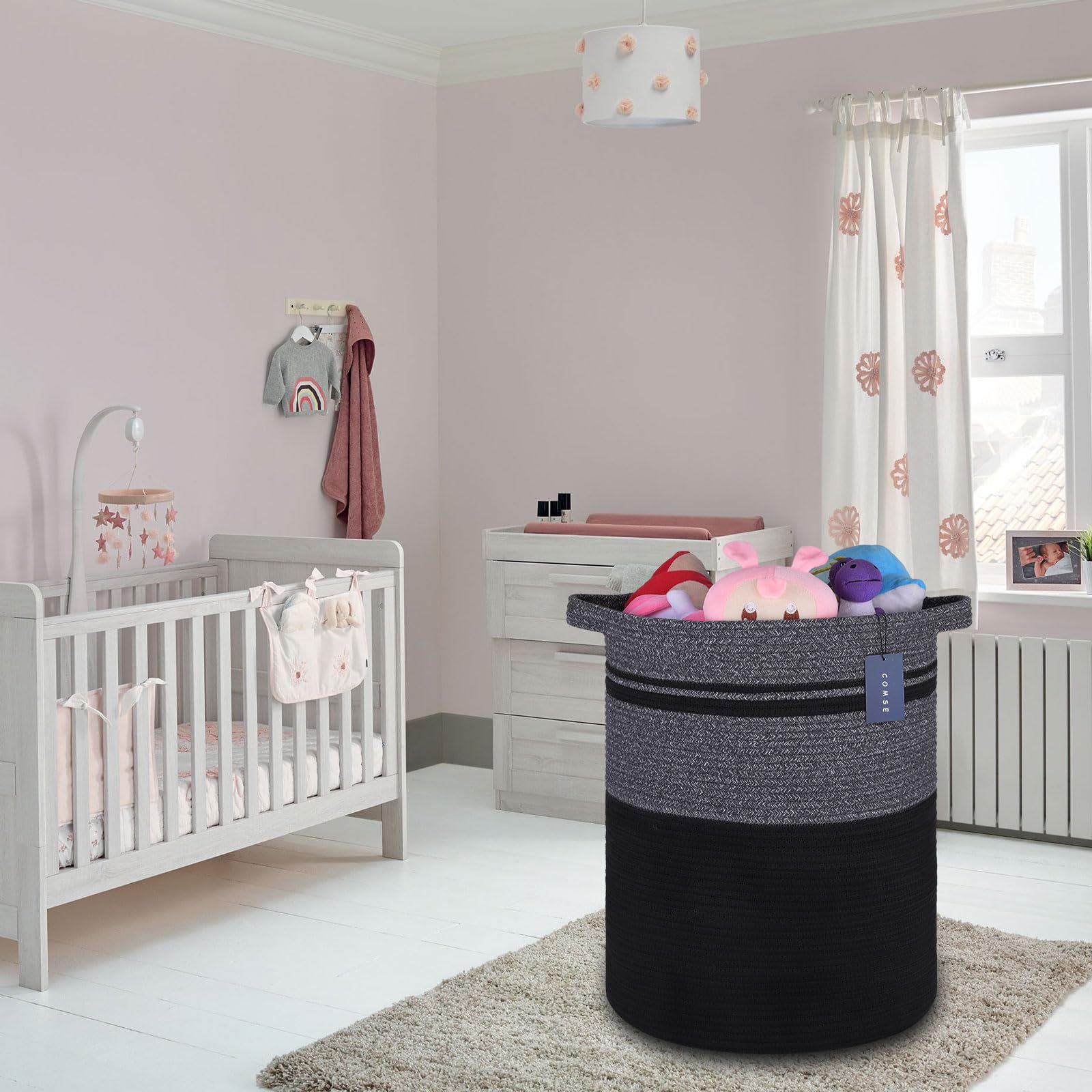 COMSE Extra Large Woven Cotton Rope Laundry Basket - 15.7”x21.7” Tall Blanket Storage Hamper for Nursery, Toys, Clothes & Towels | Perfect for Bedroom Organization, Baby Room Decor & Laundry Room Storage (Black)