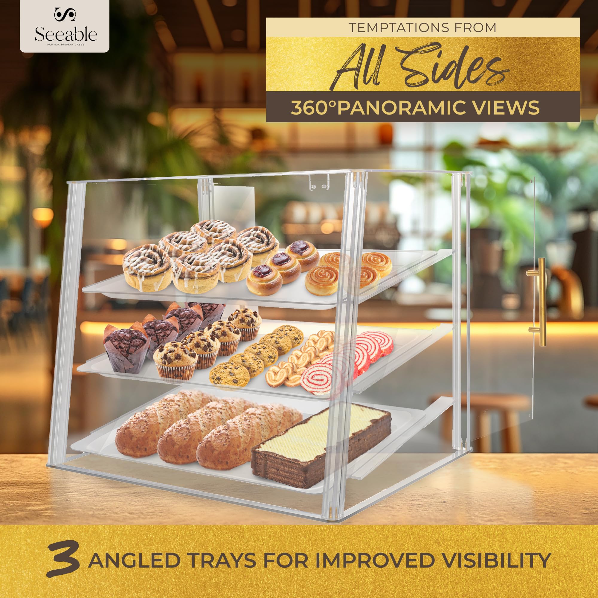 3-Tier Acrylic Bakery Display Case with Magnetic Doors, Removable Trays & Gold Trim - Countertop Pastry Showcase for Desserts, Cookies, Bread & Baked Goods (21