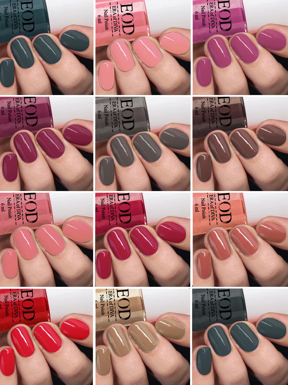 EOD Gloss Pop Shine Long-Lasting Nail Polish Set - 12 Colors (Red, Pink, Grey, Green, Nude, Light Pink, Brown, Mauve) - 6ml Each - High Shine & Stay Glossy - Perfect for Manicures, Pedicures & Nail Art