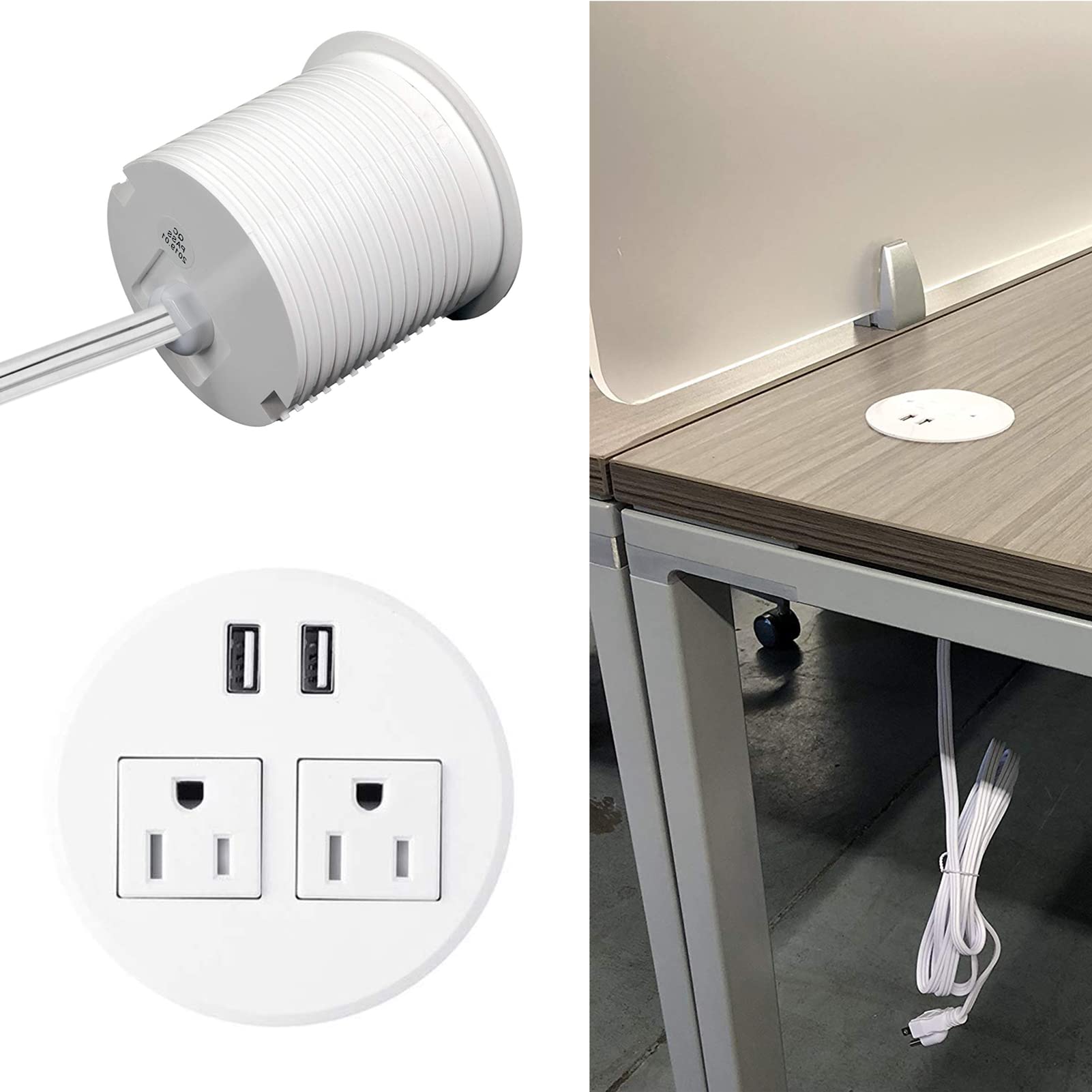 Recessed Desk Power Grommet with 4 USB Ports & 3 AC Outlets - White | Under Cabinet Power Strip for Home Office, Conference Table, Kitchen Counter & Sofa Side Table