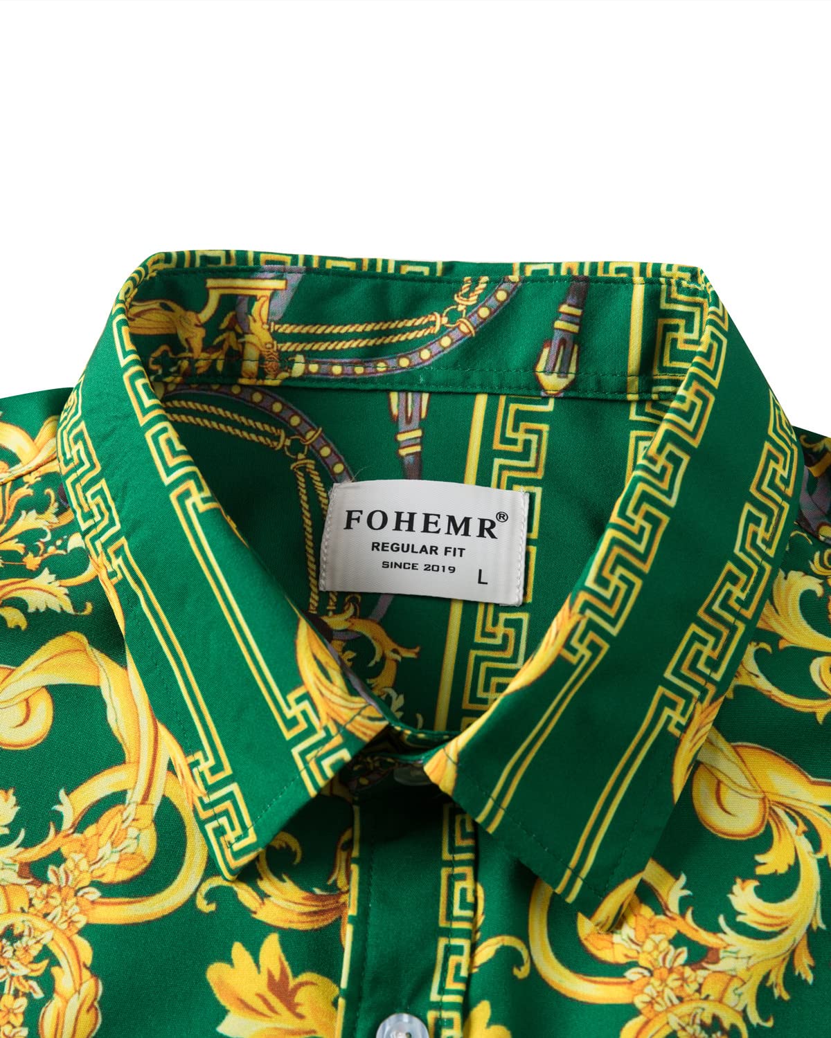 Luxury Men's Black & Gold Baroque Chain Print Short Sleeve Dress Shirt - Formal & Casual Button Down Shirt for Office, Party & Special Occasions