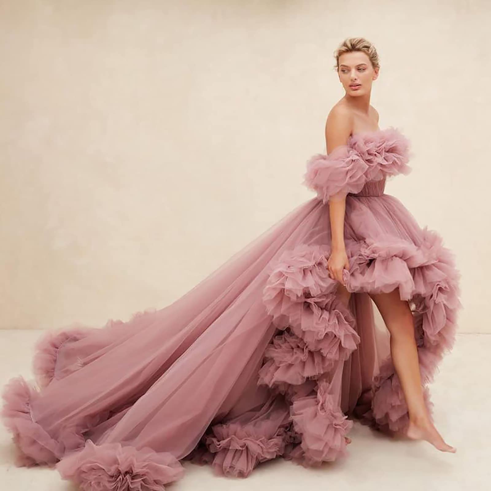 Elegant Off Shoulder Hi-Lo Tulle Maternity Robe for Pregnancy Photoshoot & Bridal Wedding Dressing - Perfect for Baby Shower, Bridal Party and Special Occasions