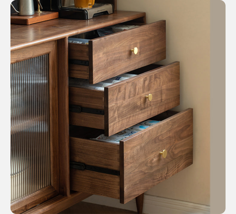 Black Walnut Sideboard with Integrated High Cabinet & Glass Doors - Stylish Storage for Dining Room, Living Room, or Entryway