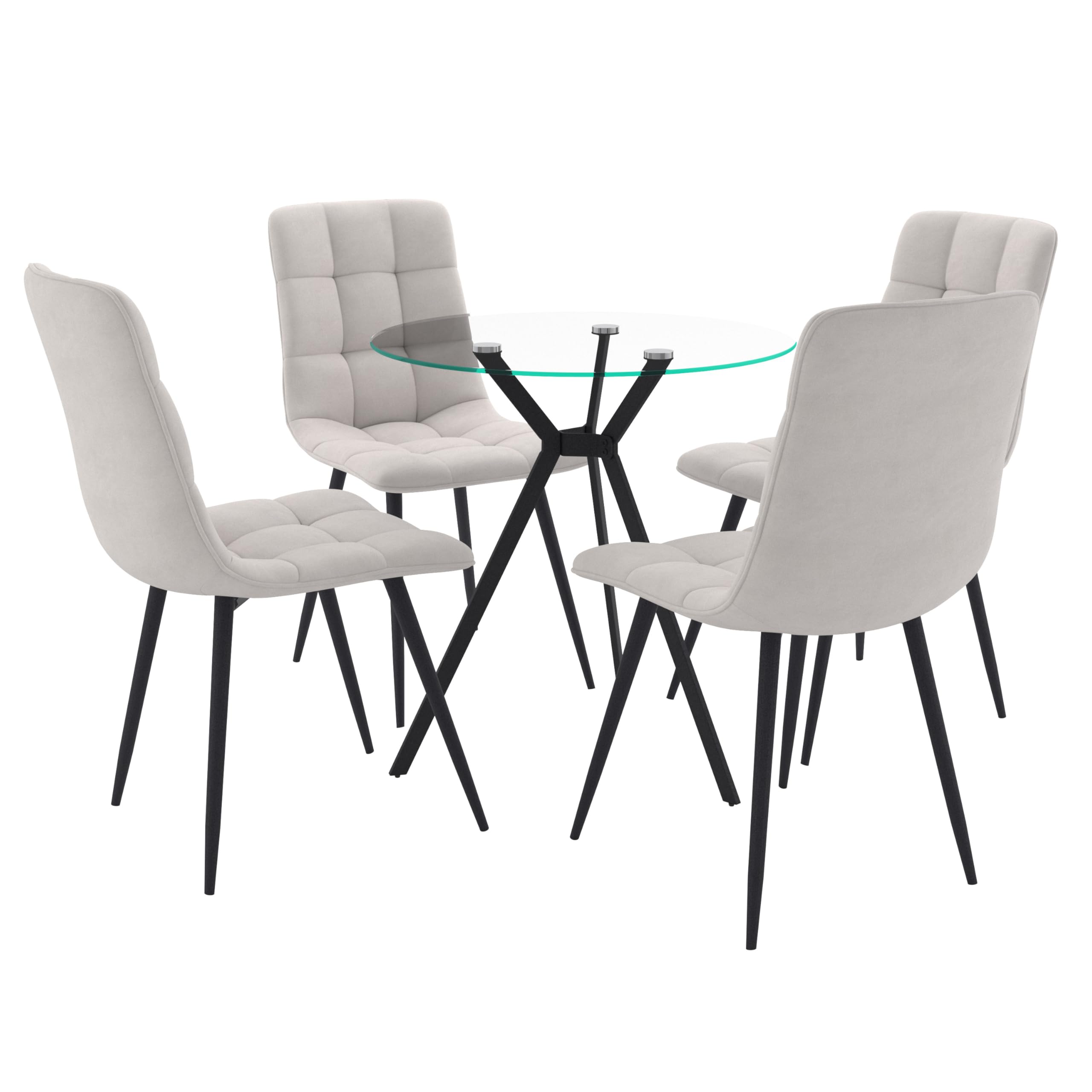 CorLiving Eliana 5-Piece Round Glass Top Dining Table Set with 4 Light Gray Velvet Chairs - Modern Kitchen & Dining Room Furniture for Small Spaces, Breakfast Nook, and Apartment Living