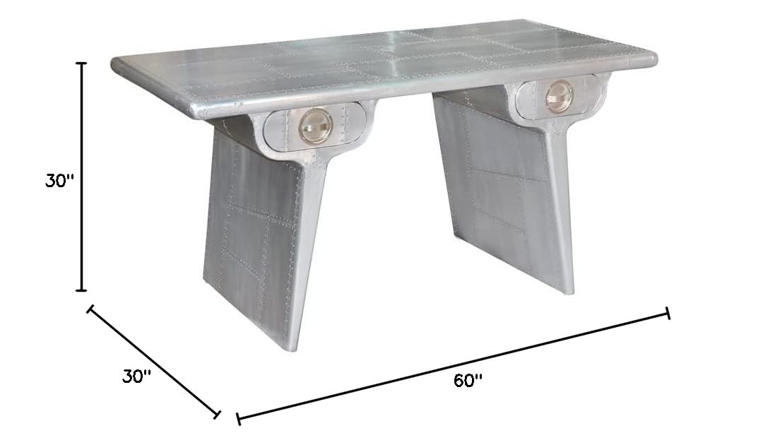 Moti Pilot Solid Wood Aluminum Clad 2-Drawer Writing Desk in Silver - Modern Home Office Desk for Small Spaces & Study Rooms
