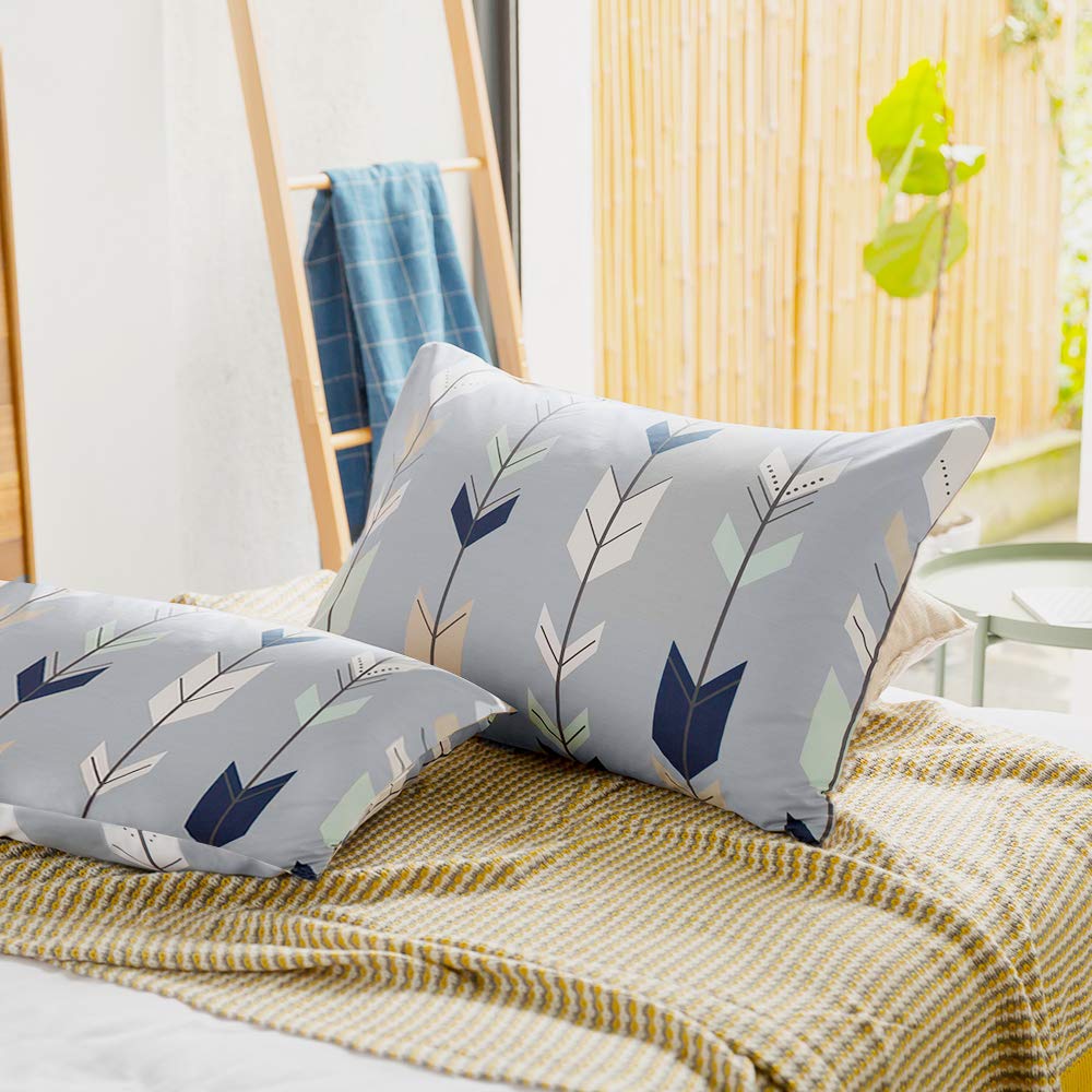Premium Blue Cotton Pillowcase Set of 2 - Soft Feather Print Standard Size (20x26 Inches) with Envelope Closure for Bedroom Decor & Guest Room Essentials | Hypoallergenic Pillow Protectors for Side Sleepers & Back Sleepers