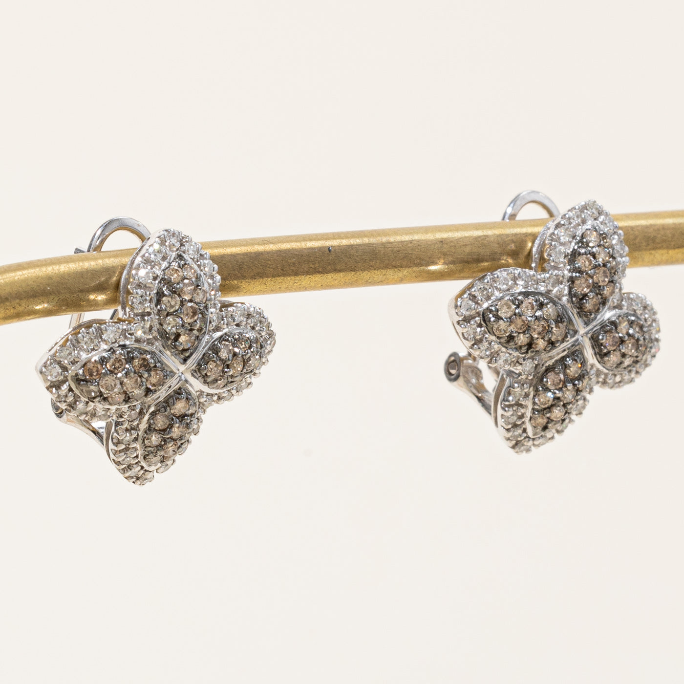 Elegant Champagne & White Diamond Flower Earrings - 1.08ctw & 0.36ctw Diamond Studs | Perfect for Weddings, Anniversaries & Special Occasions