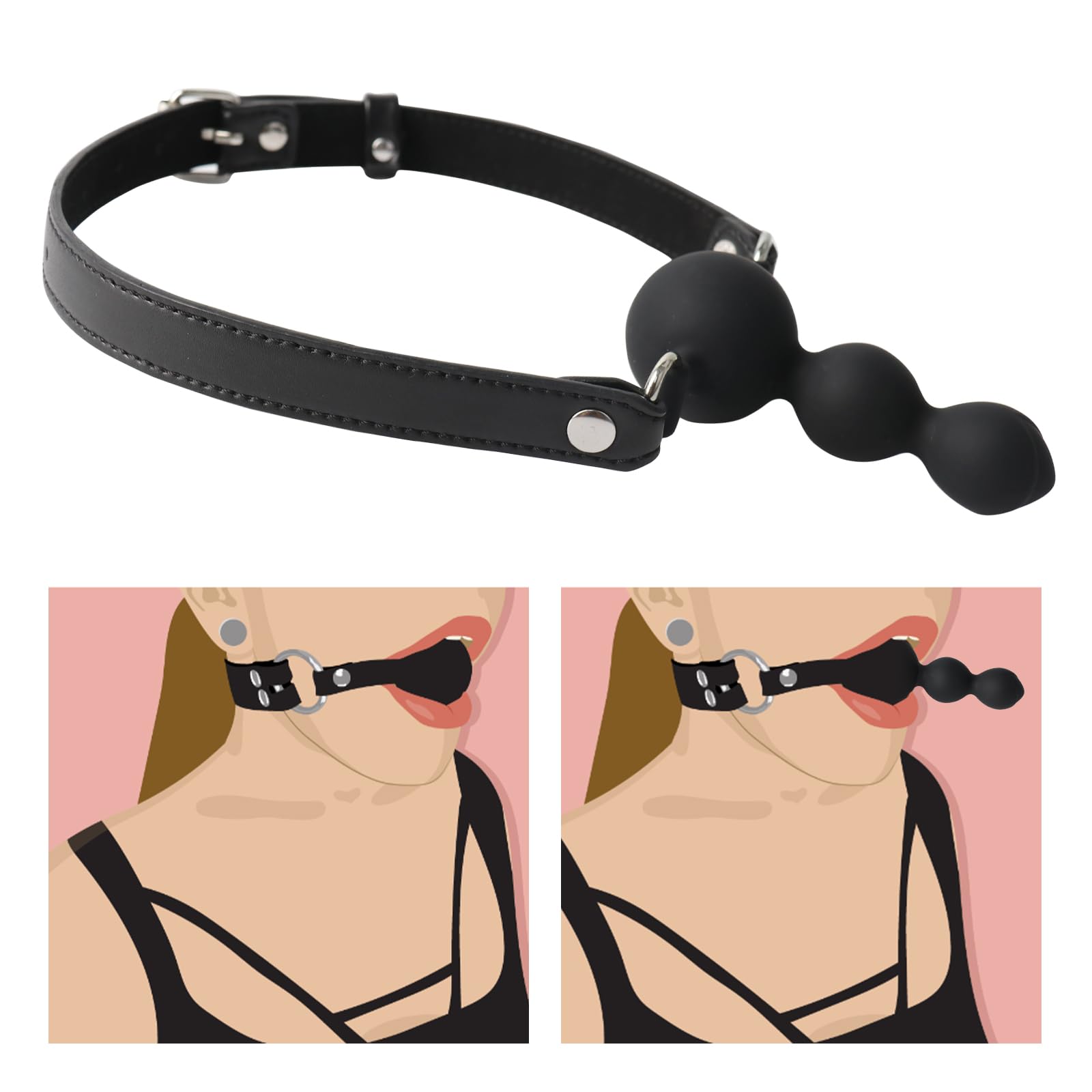 BDSM Ball Gag Sex Toy - Adjustable Leather Strap Silicone Mouth Gag with Beads for Bondage Play - Adult Kinky Toys for Couples, Men & Women - Perfect for Role Play, BDSM Scenes & Spicing Up Your Sex Life