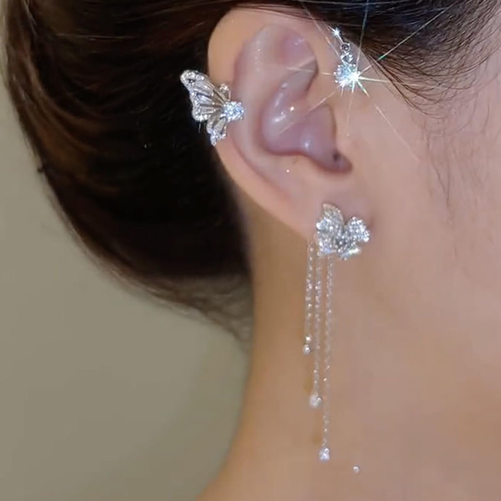 Vintage Butterfly Tassel Zircon Earrings for Women - Non-Piercing Fake Earrings, Flower Climber Wrap Around Ear Cuff - Elegant Fashion Jewelry for Parties, Weddings & Date Nights