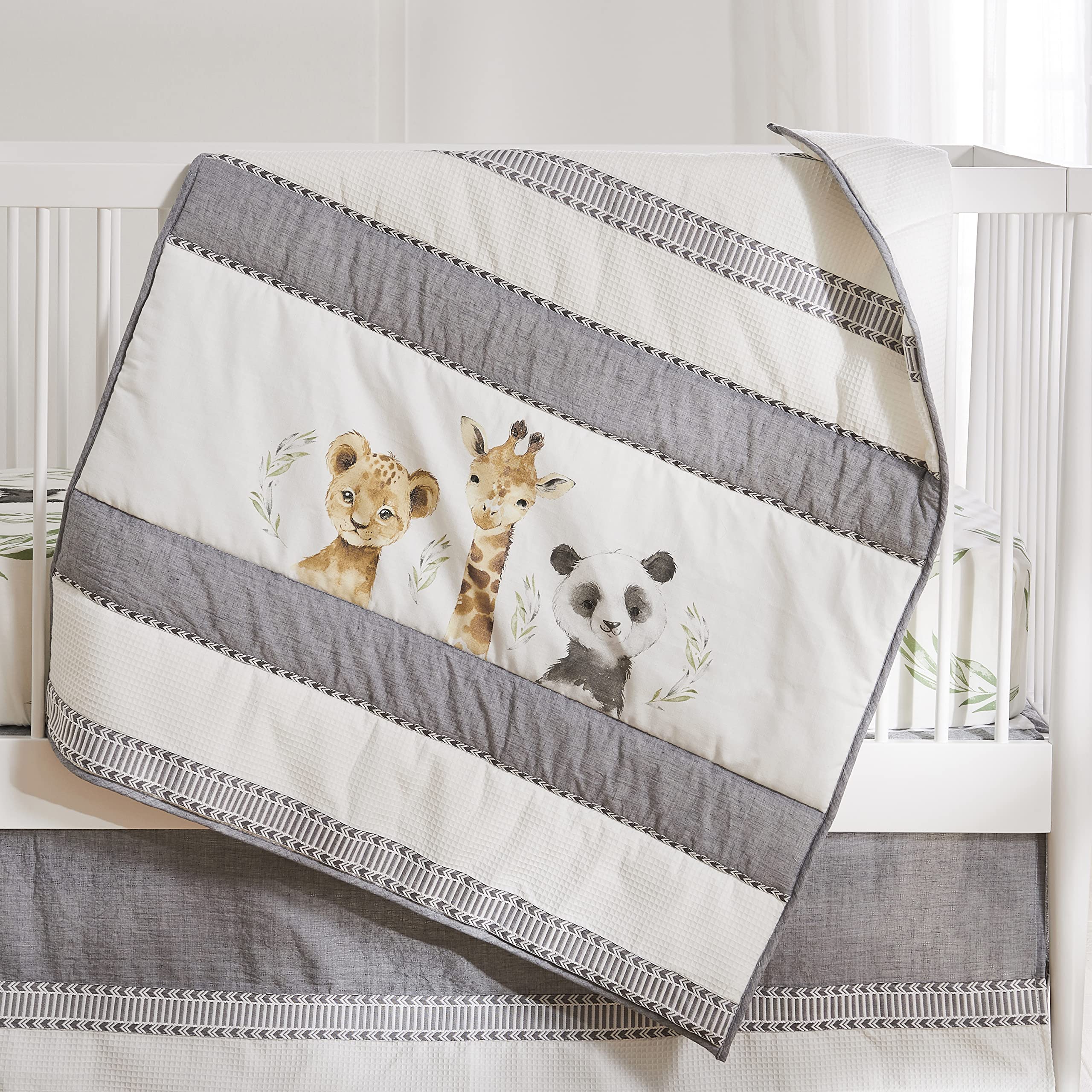Levtex Baby Mozambique 4-Piece Crib Bedding Set - Jungle Animal Theme with Quilt, Fitted Sheet, Wall Decal & Dust Ruffle in Grey Taupe Charcoal Green White - Perfect for Nursery Decor & Baby Shower Gifts