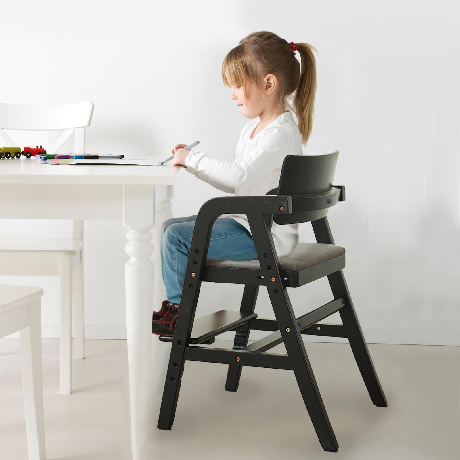 **Adjustable Wooden High Chair for Babies & Toddlers - Kids Dining Chair with Removable Cushion - Safe & Sturdy Toddler Counter Chair for Mealtime, Study & Play (Black)**