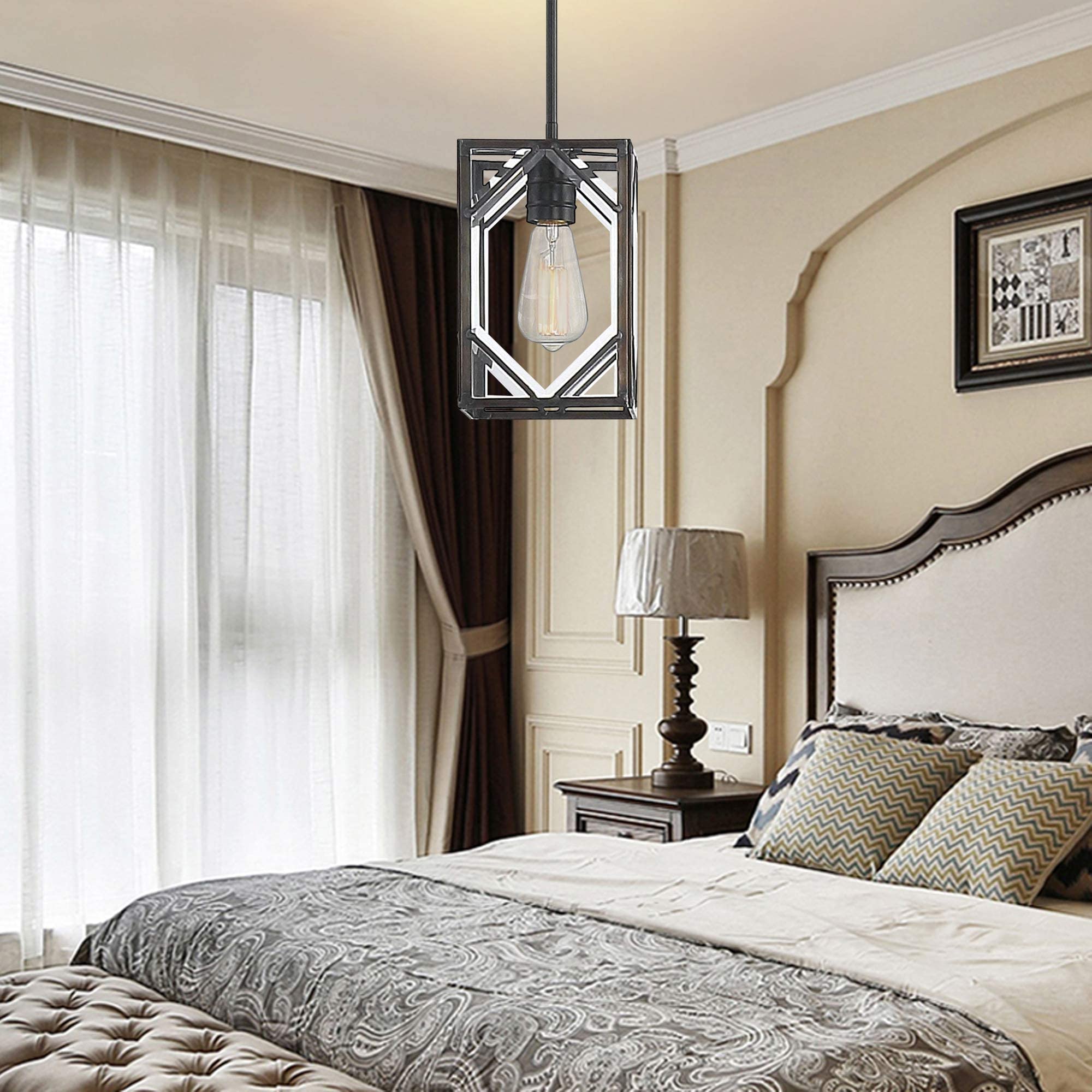 Vanity Art Modern Elegant Tiffany Style 1-Light Glass Pendant Ceiling Light Fixture - Black (20001BK) for Kitchen, Dining Room, Bedroom & Living Room Lighting