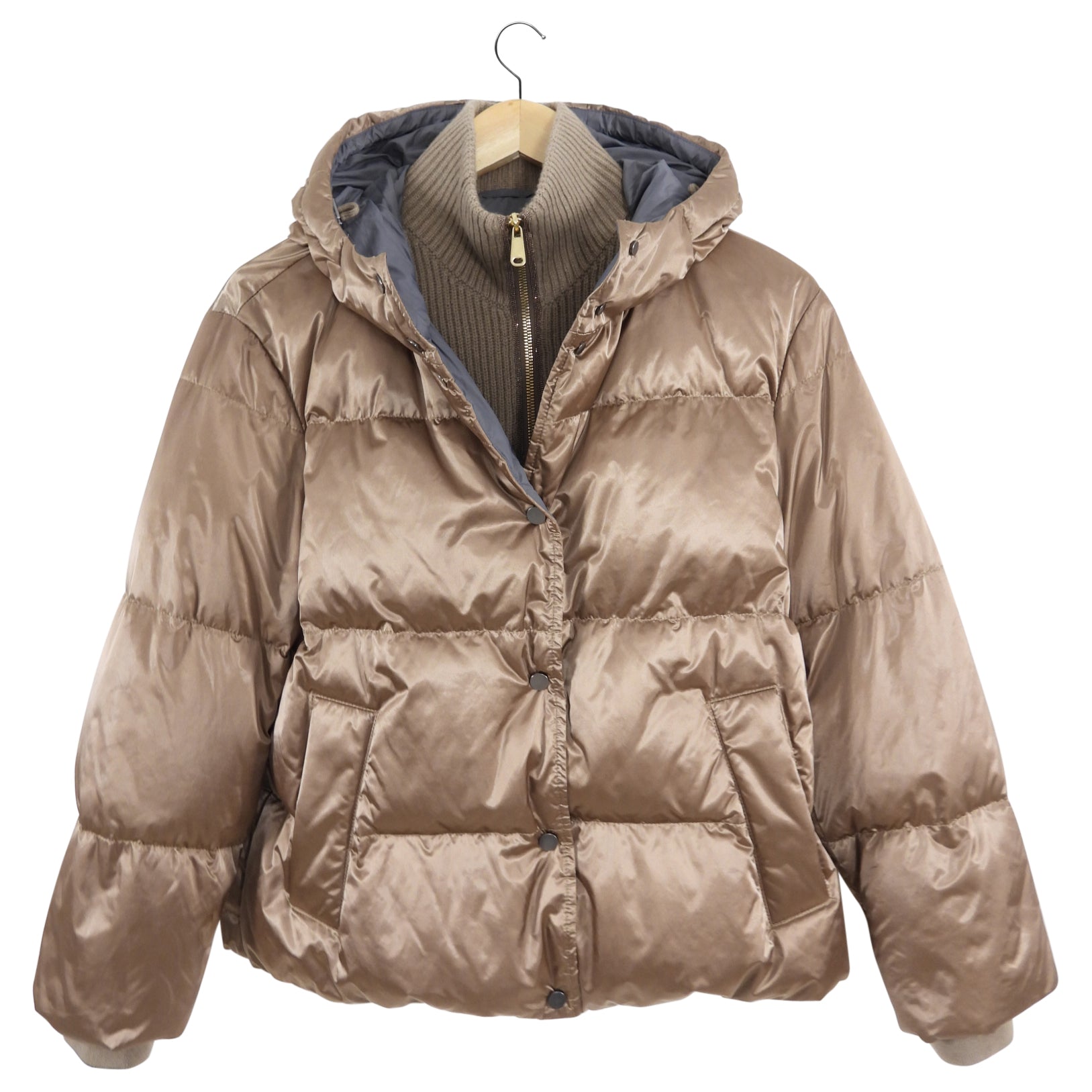 Brunello Cucinelli Brown Satin Down Puffer Jacket - Winter Warm Coat for Women, Size IT40 (US 4), Lightweight Insulated Outerwear for Cold Weather - Perfect for Skiing, Snowboarding & City Fashion