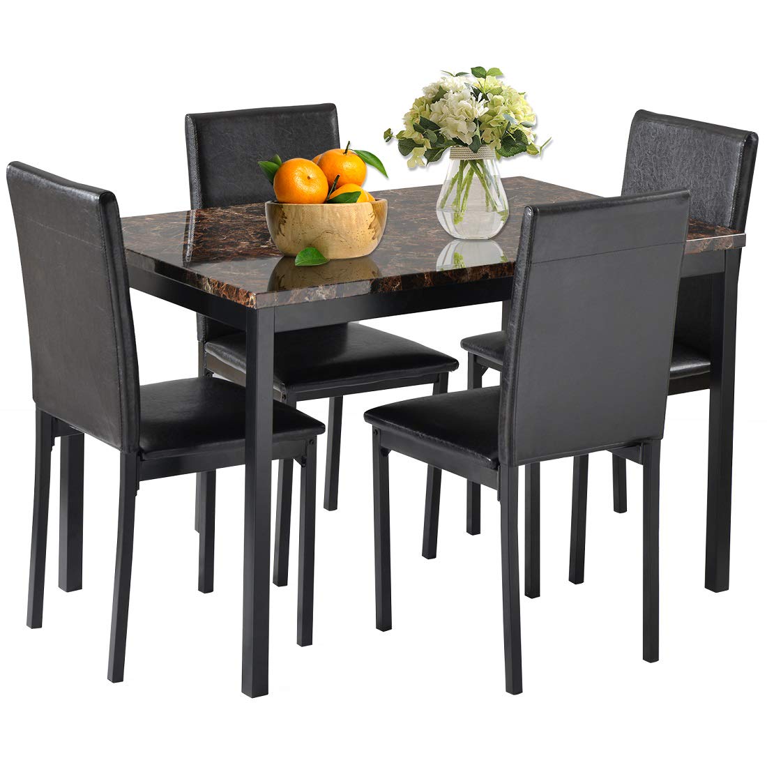 5-Piece Modern Dining Table Set with Rectangle Faux Marble Top & 4 High-Back Leather Chairs - Black Kitchen Table for Dining Room, Perfect for Family Gatherings and Dinner Parties