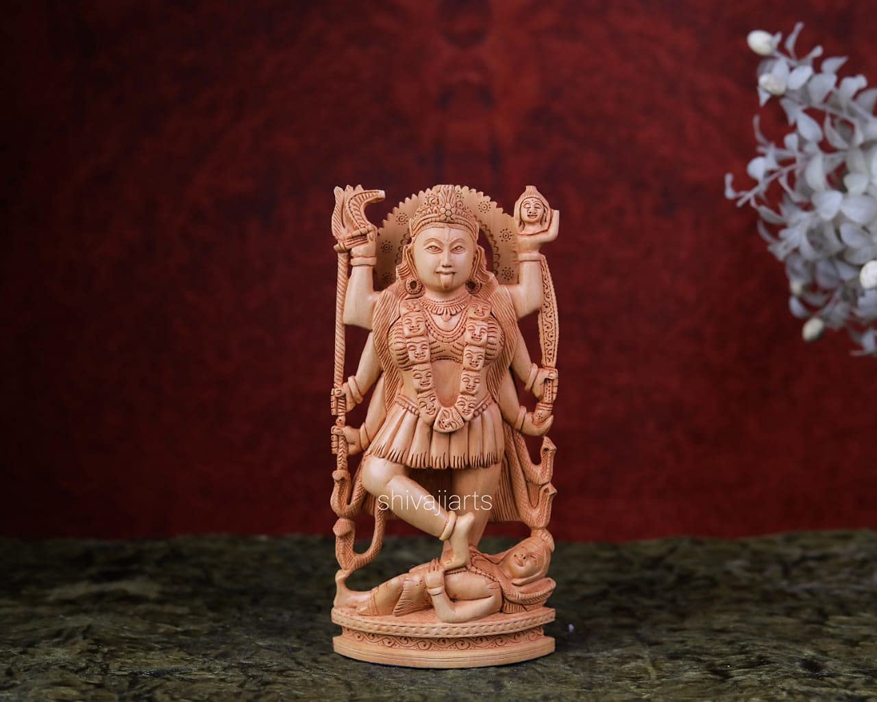 8 Inch Goddess Kali Wooden Statue - Handcrafted Hindu Deity Sculpture of Maa Kali, Shakti, Parvati | Symbol of Power & Destruction | Perfect for Home Altar, Yoga Studio & Spiritual Decor