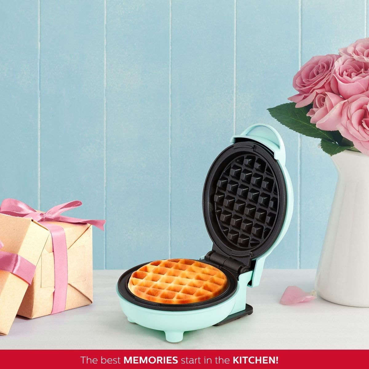 **Holstein Housewares Mini Waffle Maker - 4-inch Non-Stick Waffle Iron for Quick Breakfast, Brunch & Snacks - Perfect for Dorms, Offices & Small Kitchens (Mint Green)**